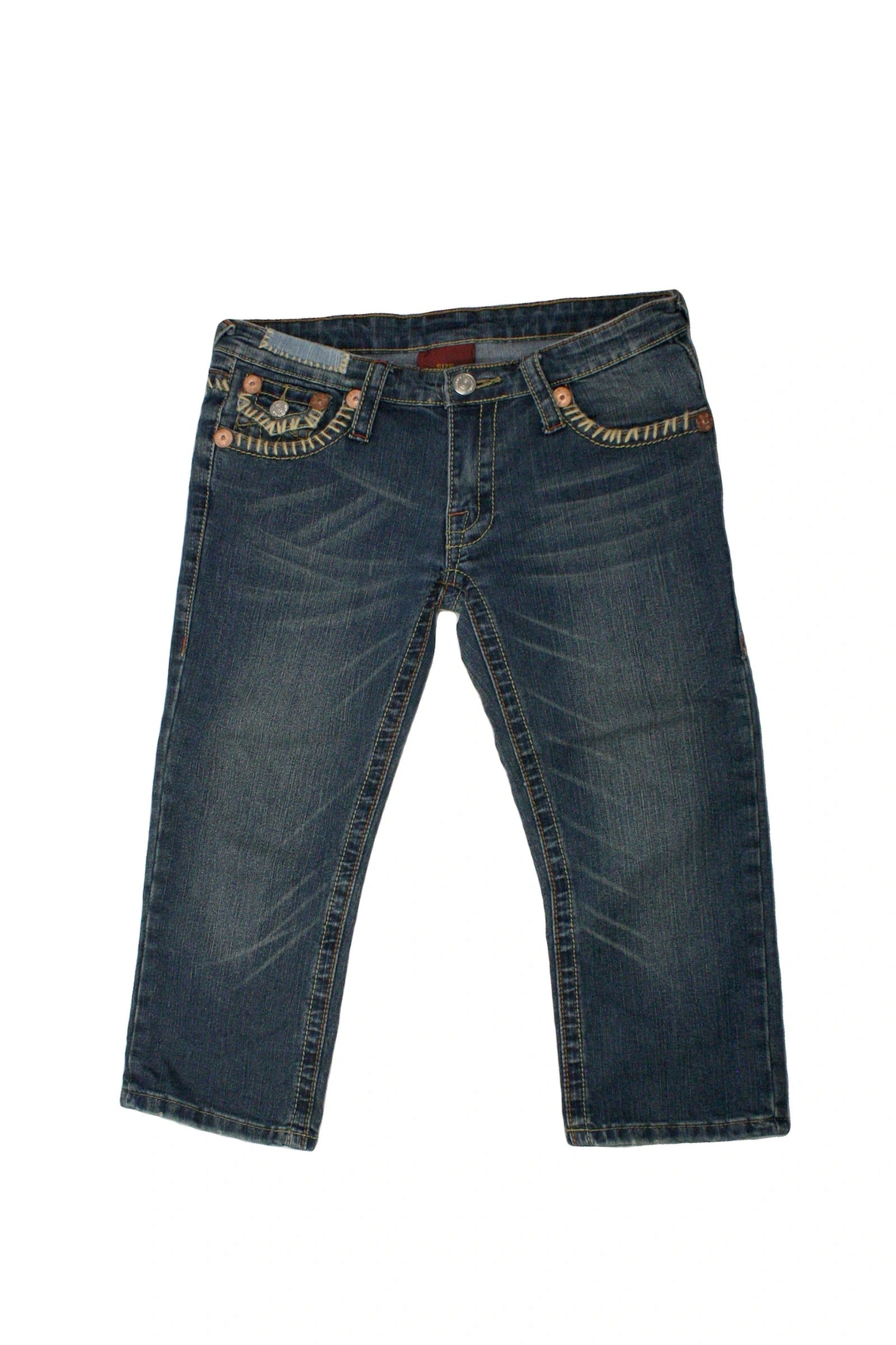 True Religion Women's Navy Low-Rise Denim Capris with Contrast Stitching – Size 31