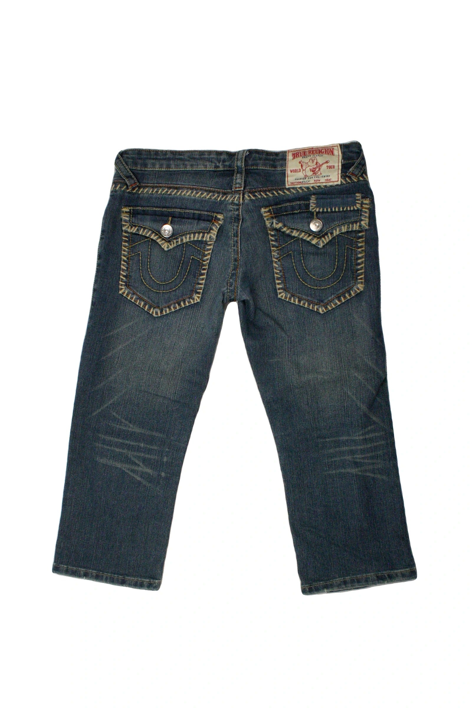 True Religion Women's Navy Low-Rise Denim Capris with Contrast Stitching – Size 31