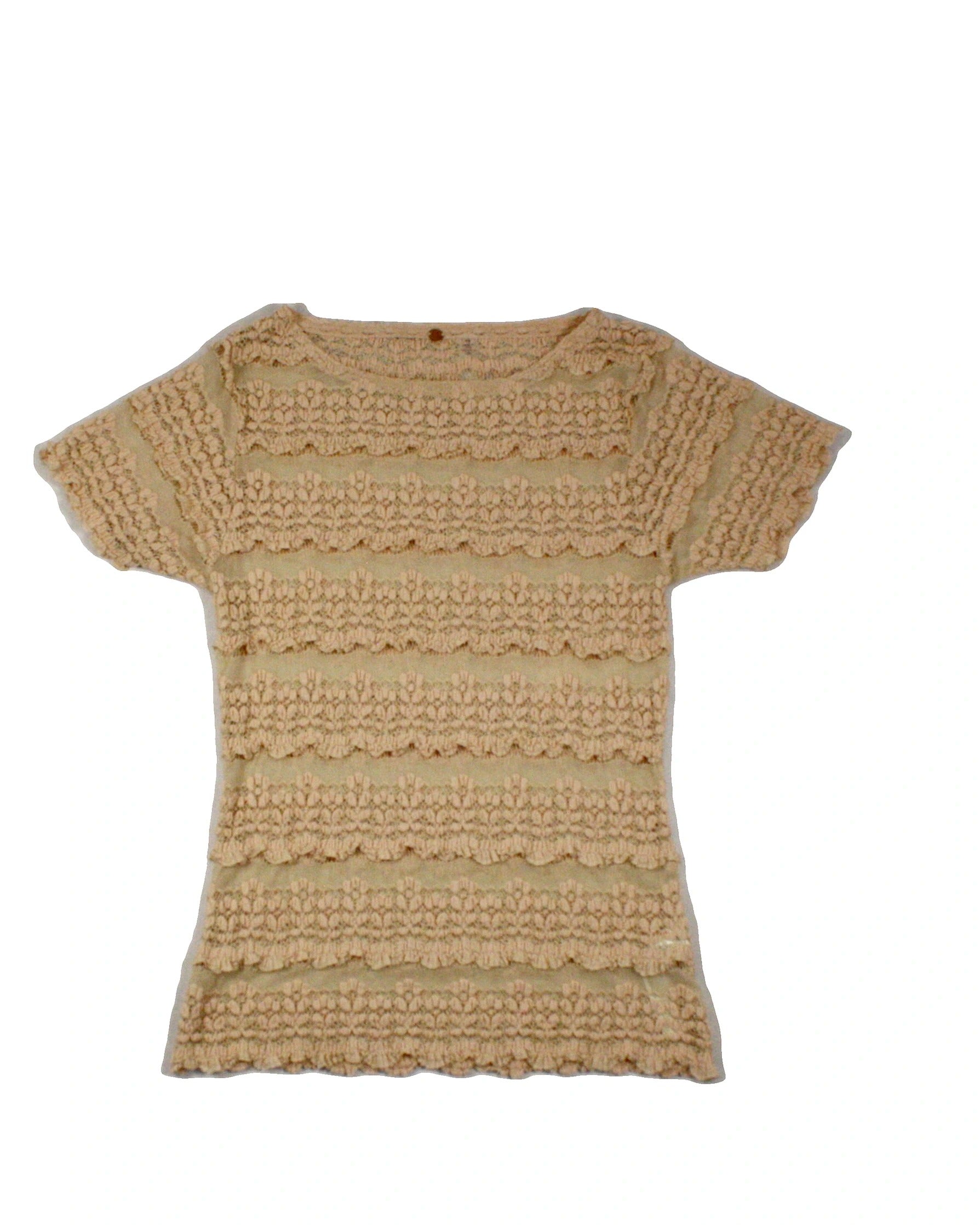 Free People Women's Tan Lace Short Sleeve Top with Sheer Mesh – Size S