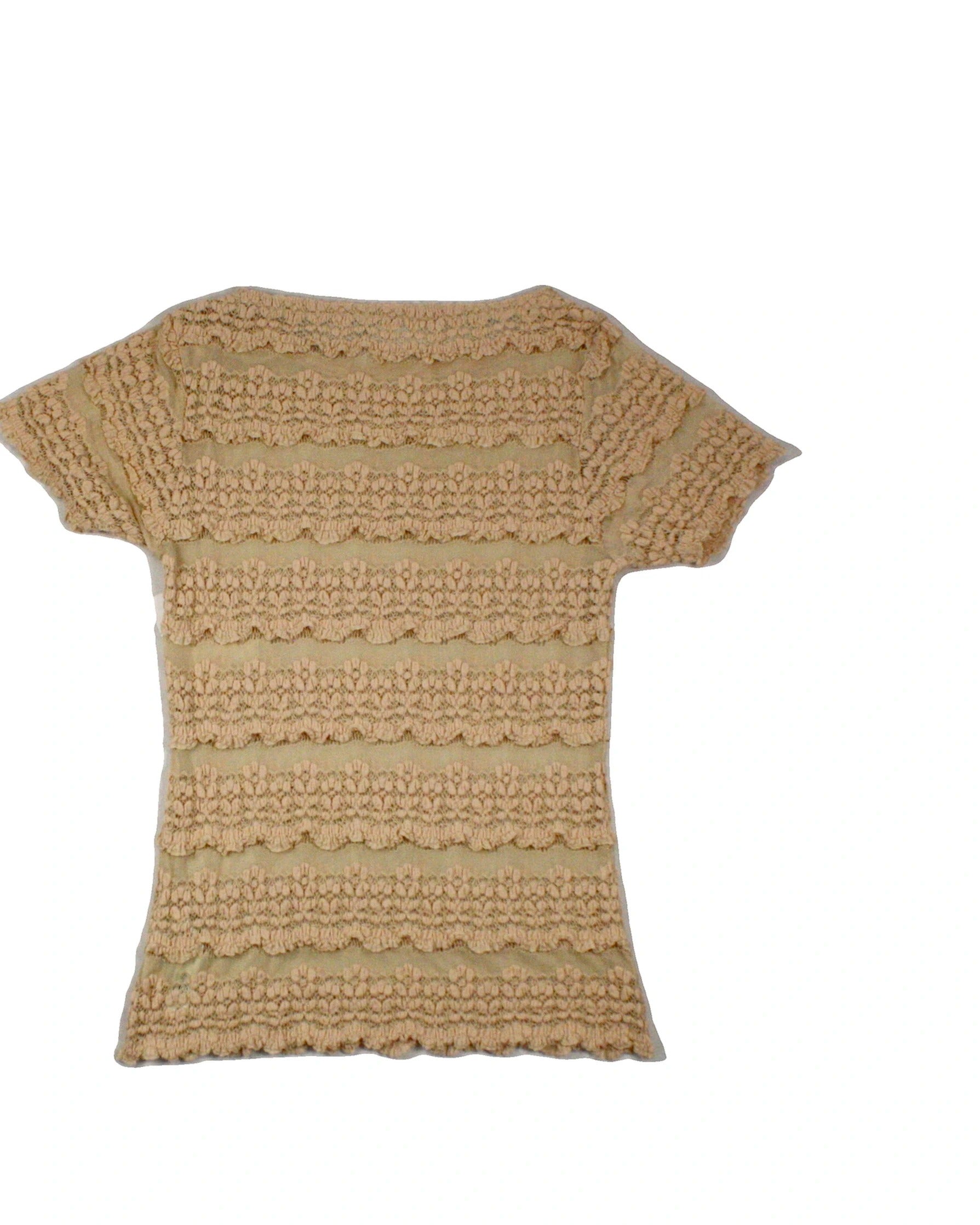 Free People Women's Tan Lace Short Sleeve Top with Sheer Mesh – Size S