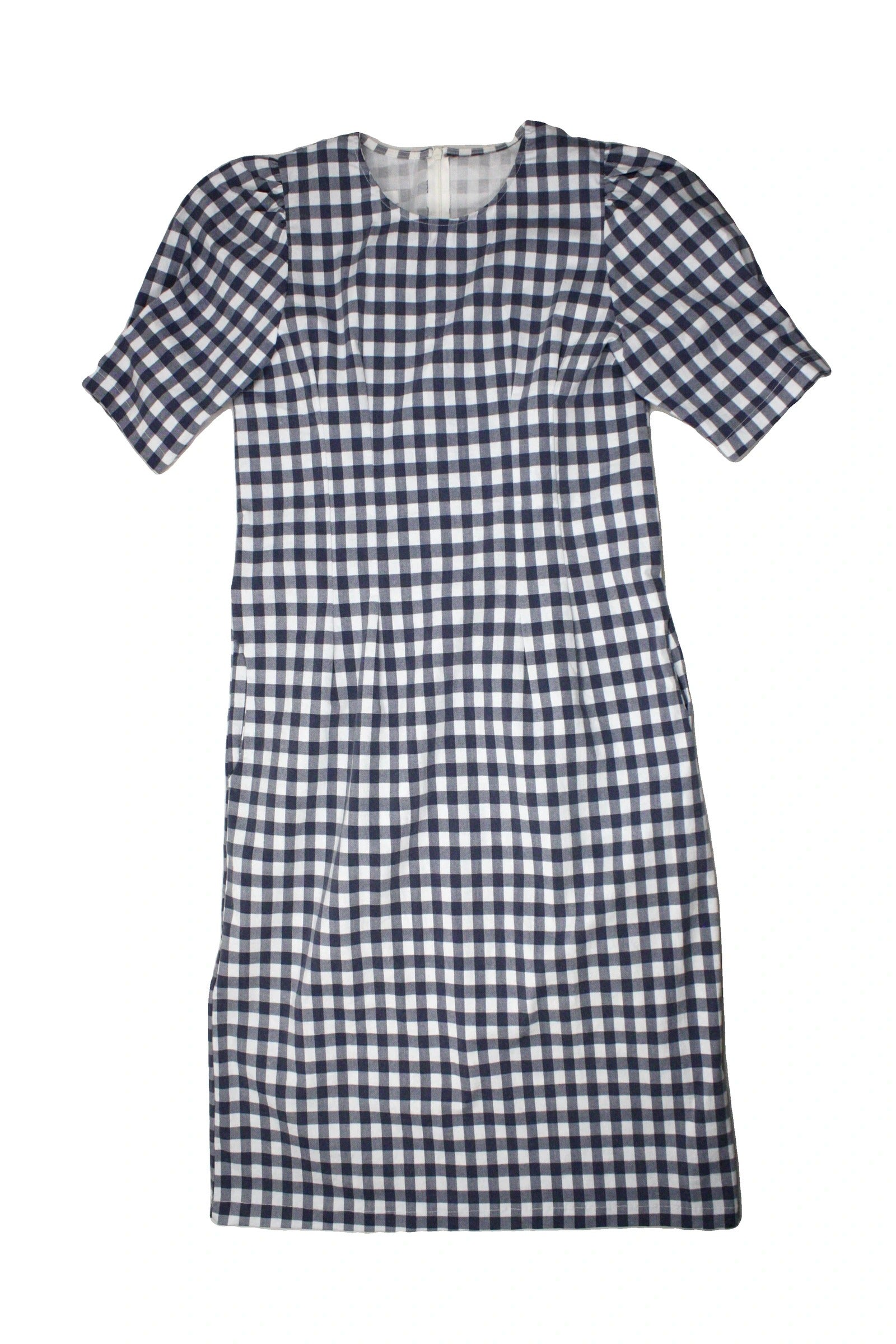Diary Women's Blue and White Gingham Short Sleeve Midi Dress with Puff Sleeves