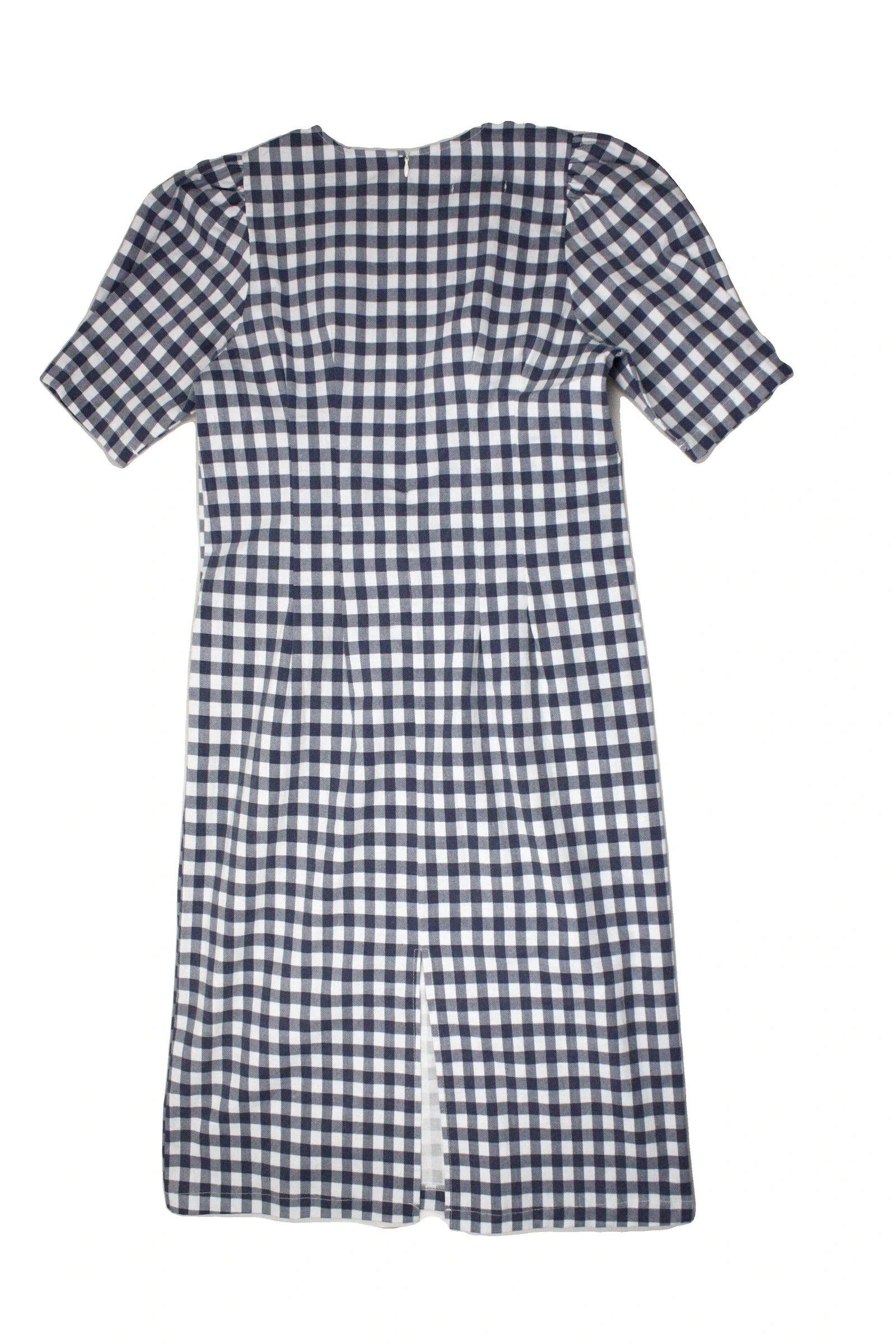 Diary Women's Blue and White Gingham Short Sleeve Midi Dress with Puff Sleeves