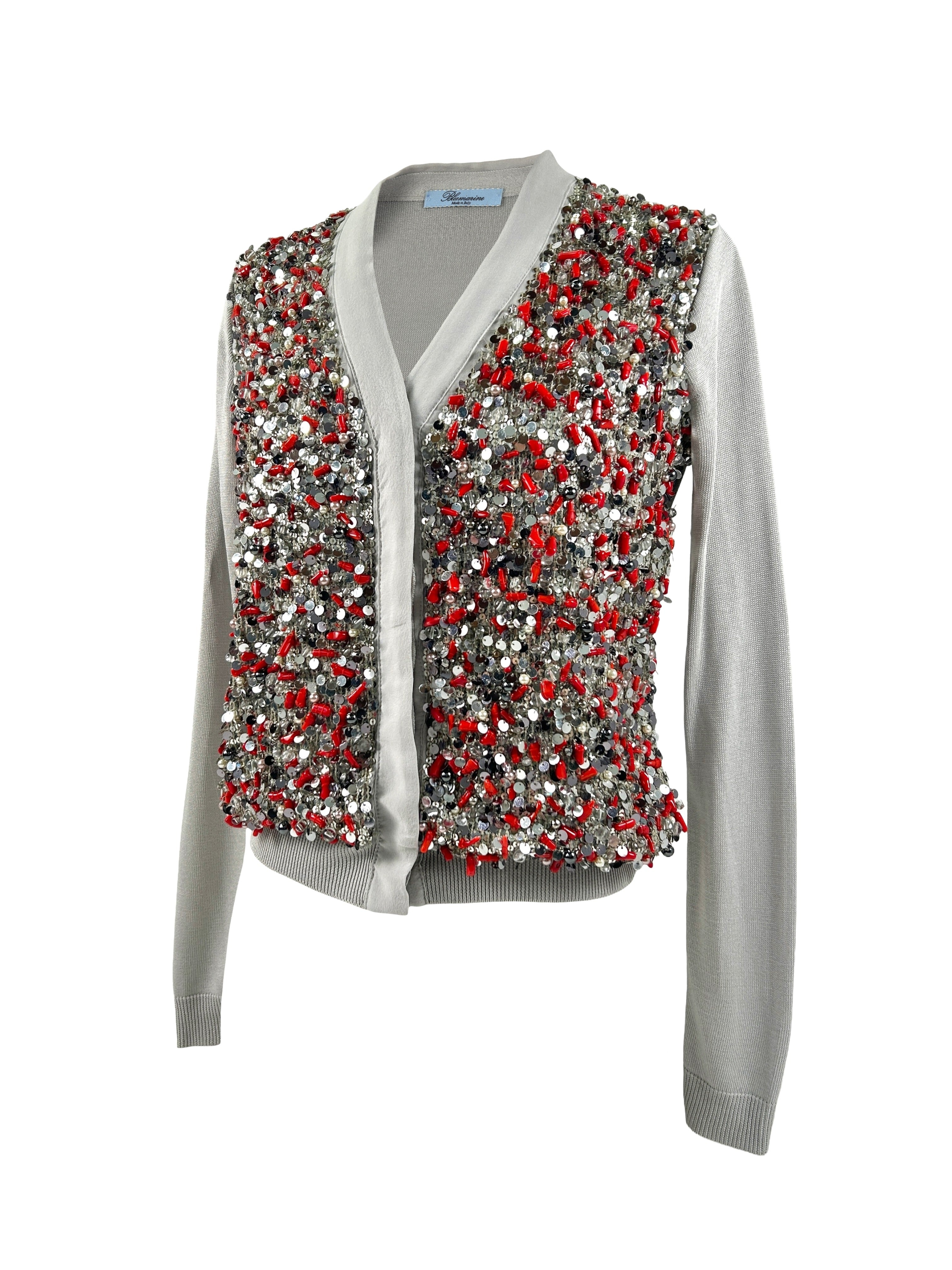 Blumarine Silk Sequined Beaded Cardigan