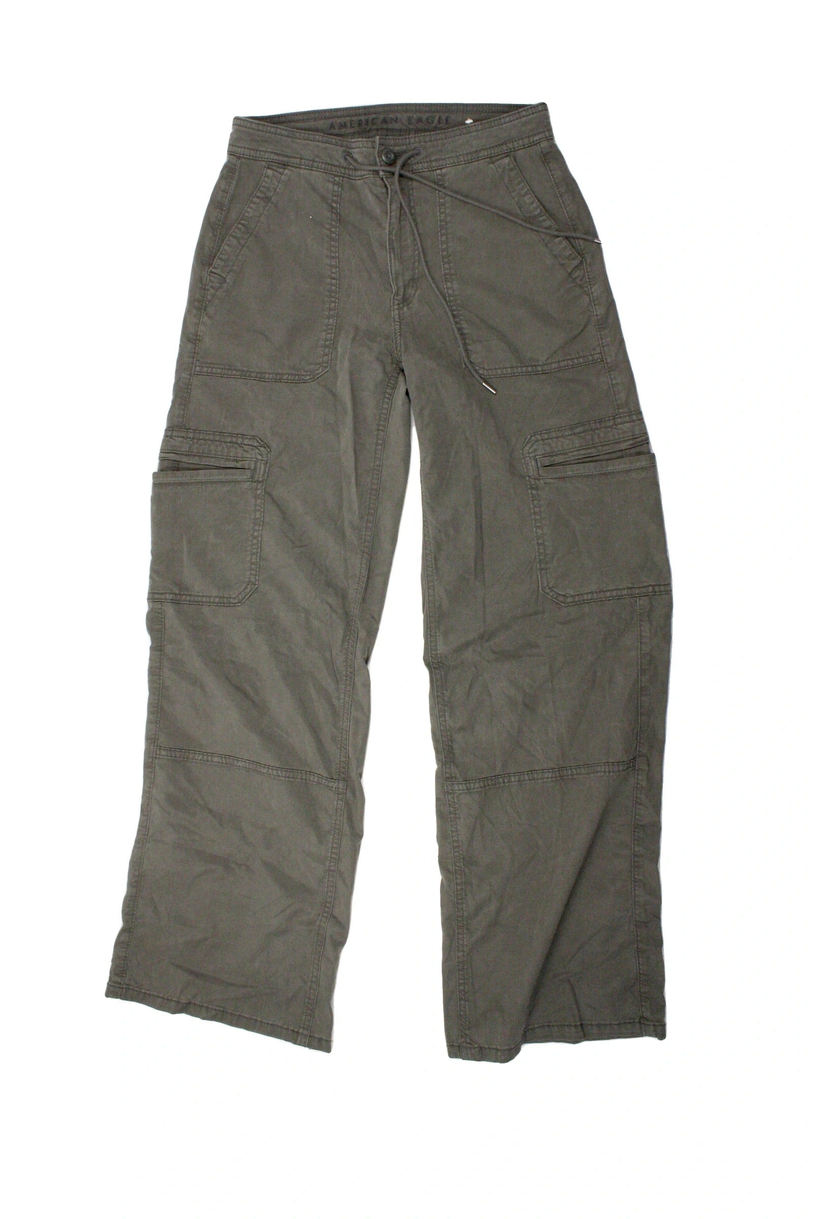 American Eagle Women's Olive Mid-Rise Wide-Leg Cargo Pants with Drawstring Waist – Size 28