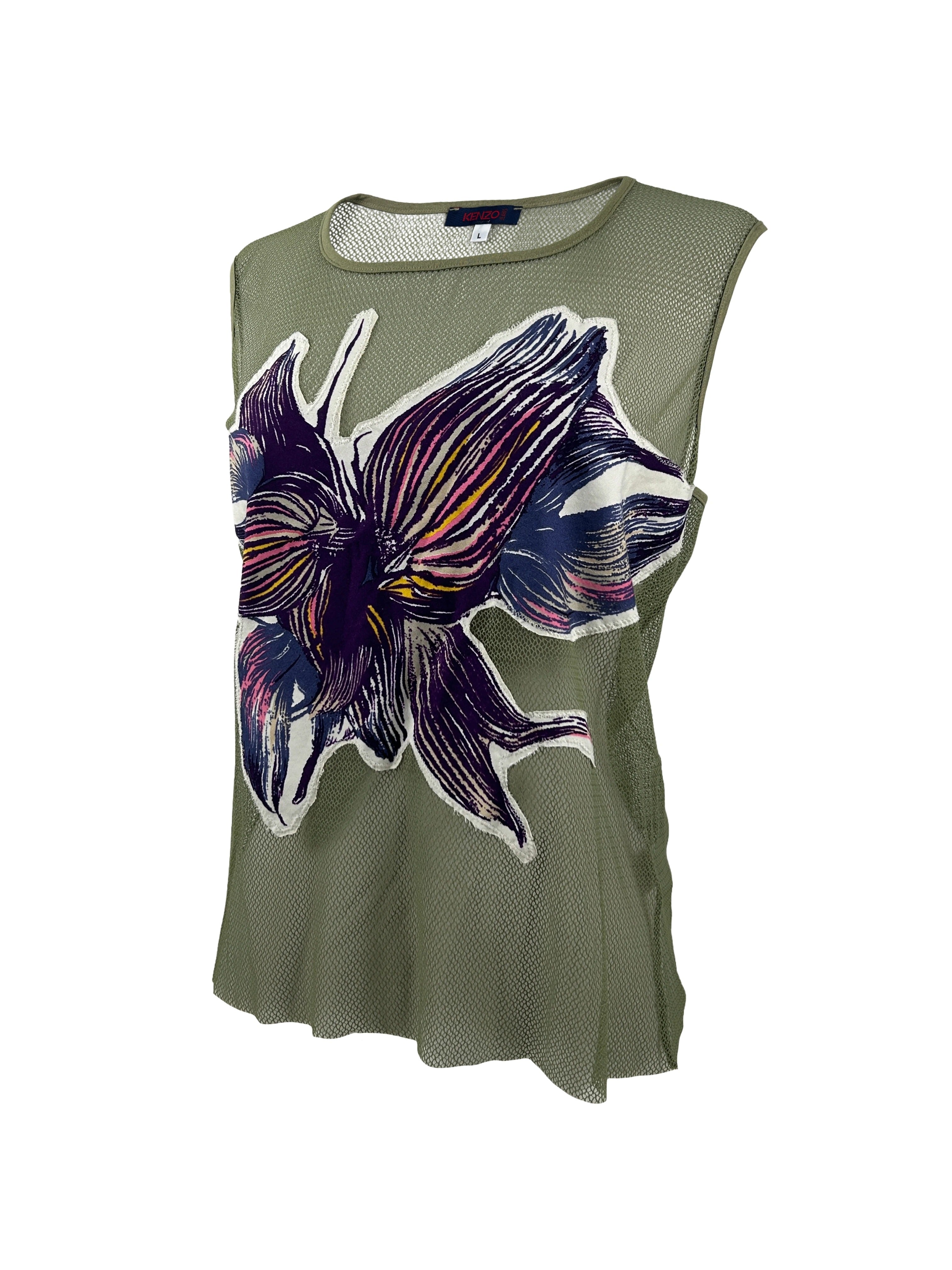 Kenzo Size L Orchid Applique Graphic Mesh Top