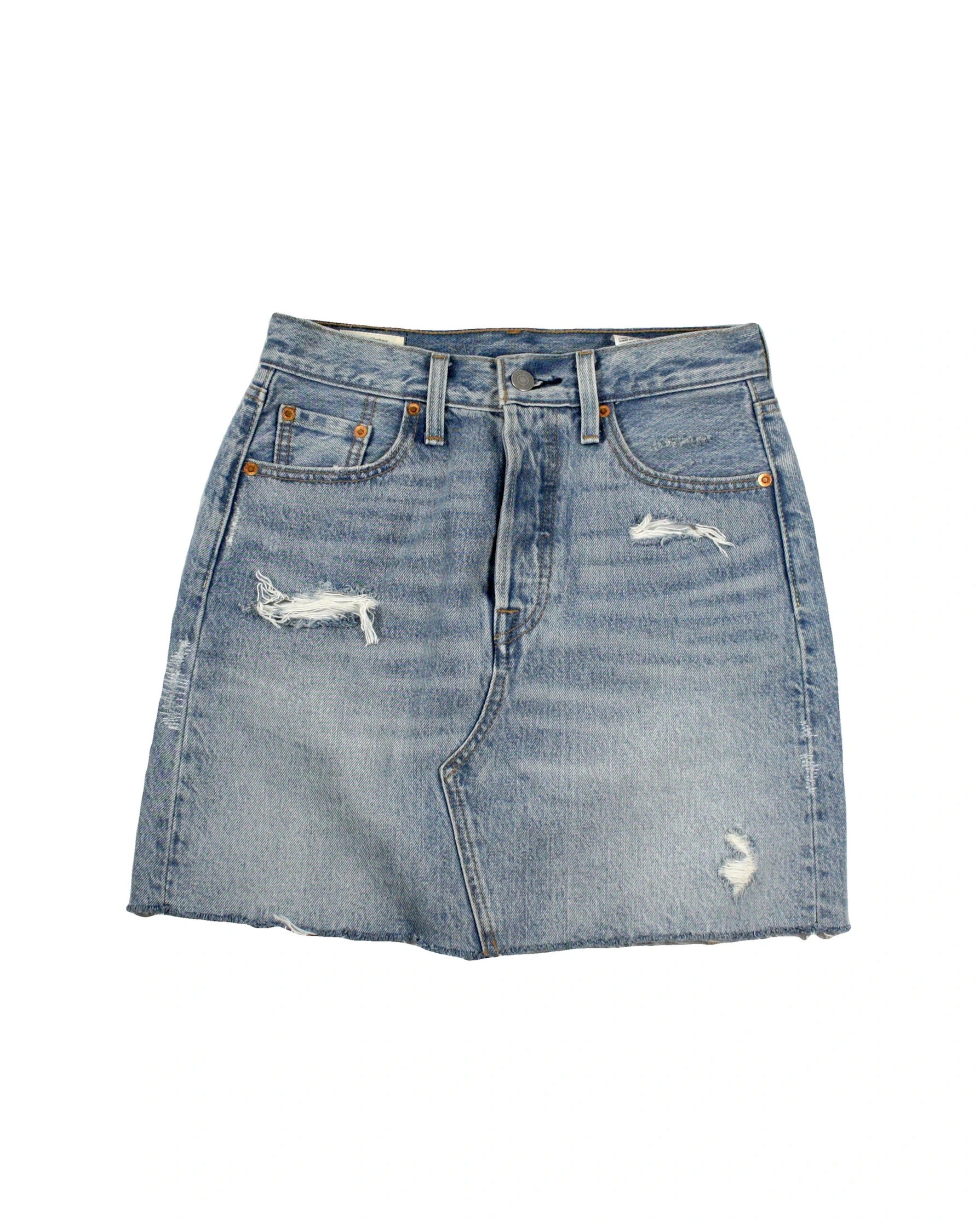 Levi's Women's Blue Light Wash Distressed Denim Midi Skirt with Frayed Hem – Size 26