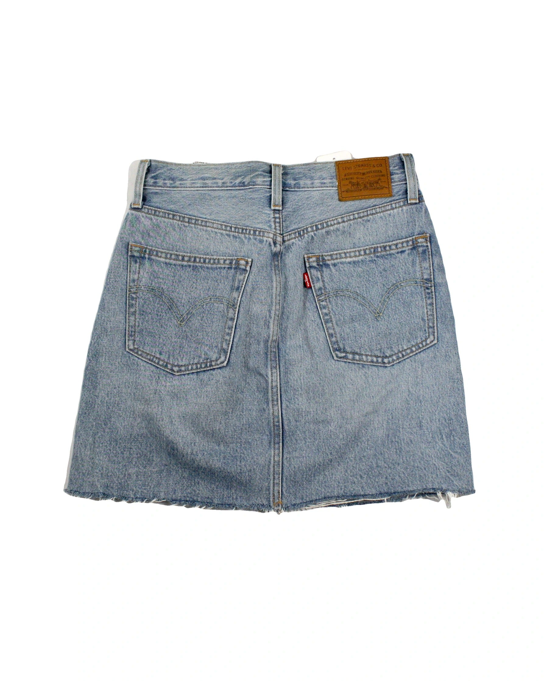 Levi's Women's Blue Light Wash Distressed Denim Midi Skirt with Frayed Hem – Size 26