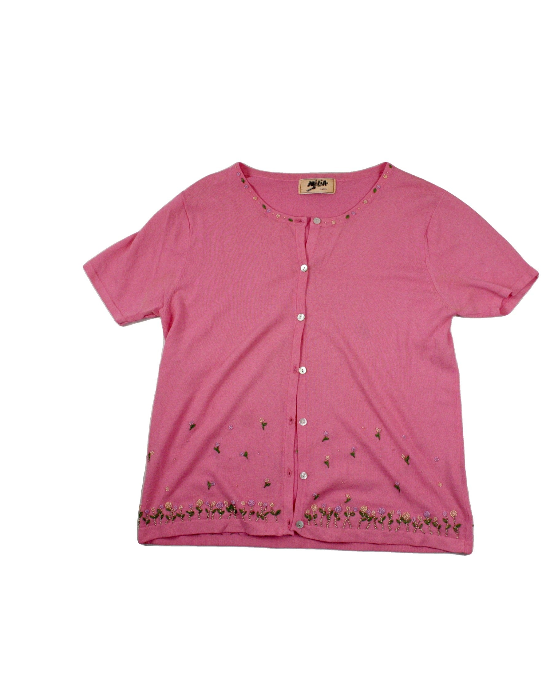Milia Paris Women's Pink/Green/Cream Short Sleeve Cardigan with Beaded Detail and Shell Buttons