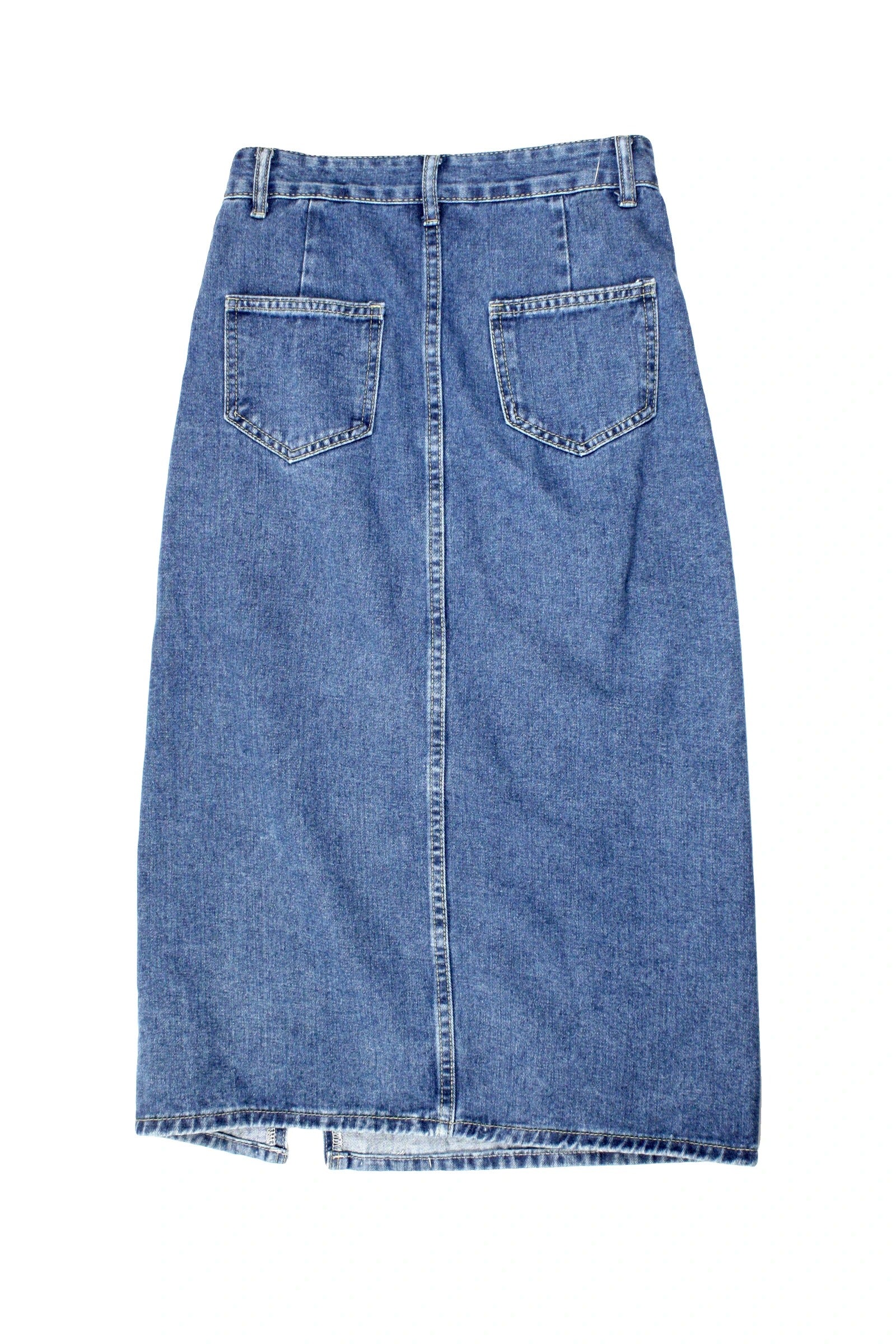 Von Vonni Women's Navy Dark Wash Denim Maxi Skirt with Front Slit – Size 26