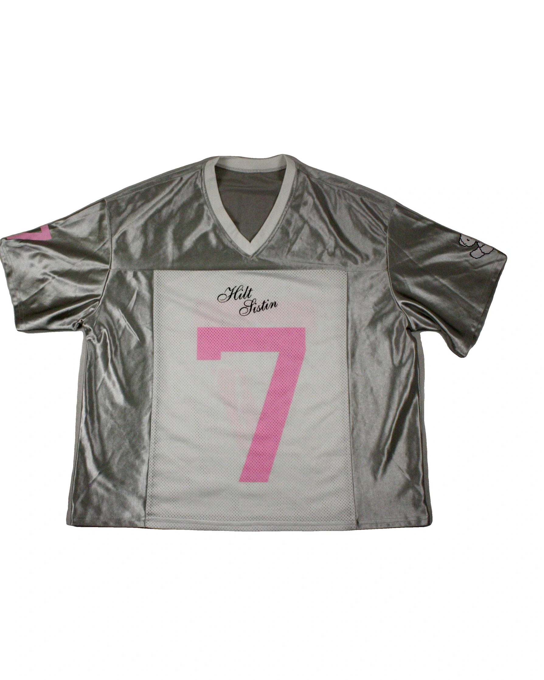 Women's Silver/White/Pink Mesh Short Sleeve Top with V-neck and Rib Trim