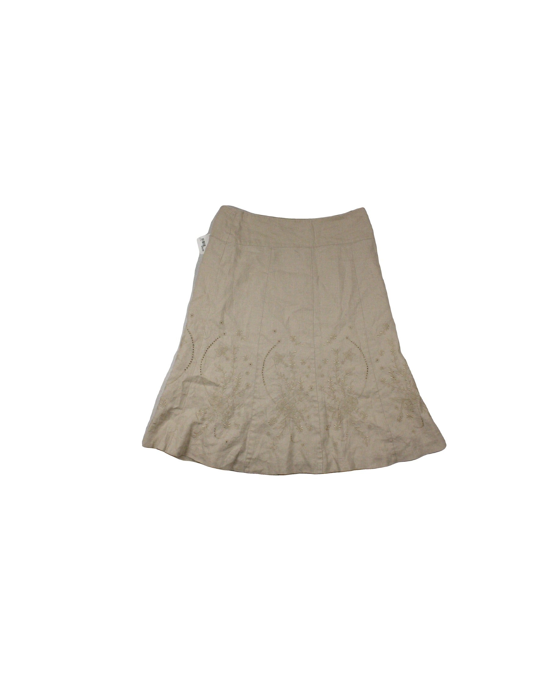 RW&CO Women's Tan Linen Midi Skirt with Embroidered Hem – Size 28