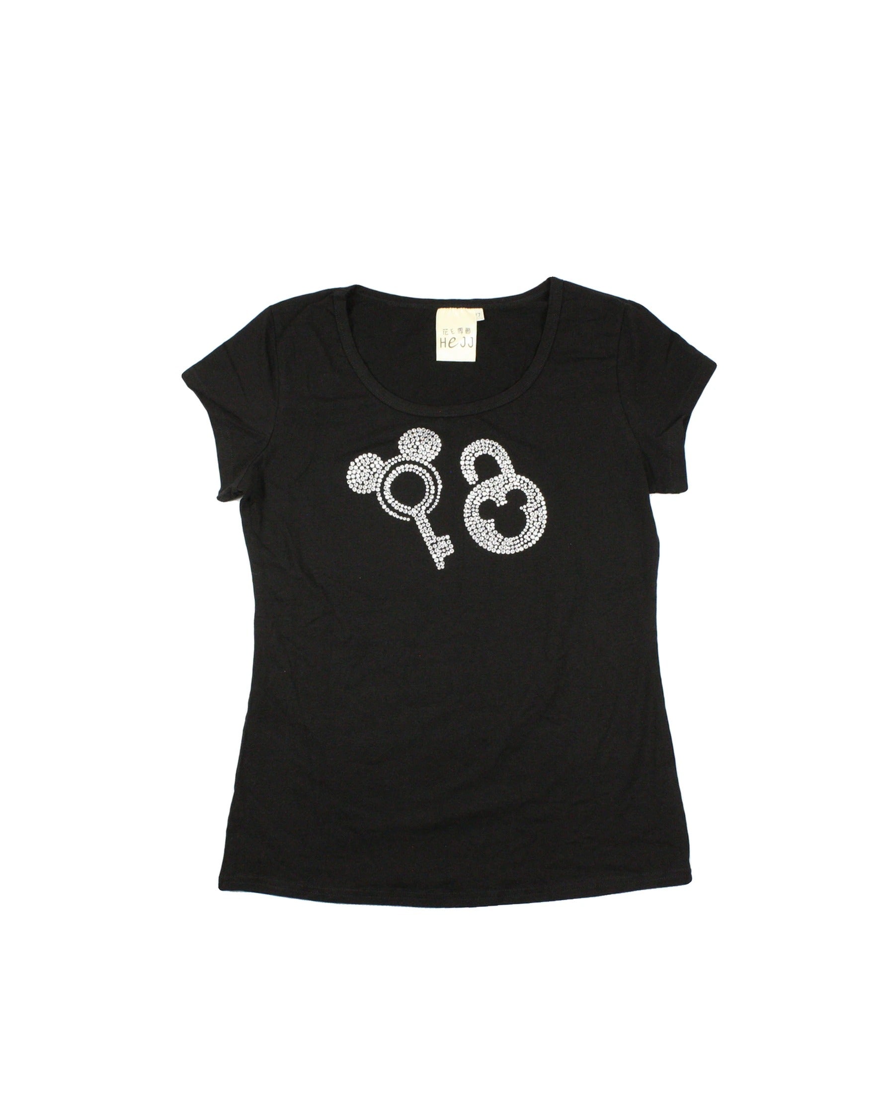 Hejj Women's Black/Silver Short Sleeve Top with Round Neck and Rhinestone Lock-and-Key Detail