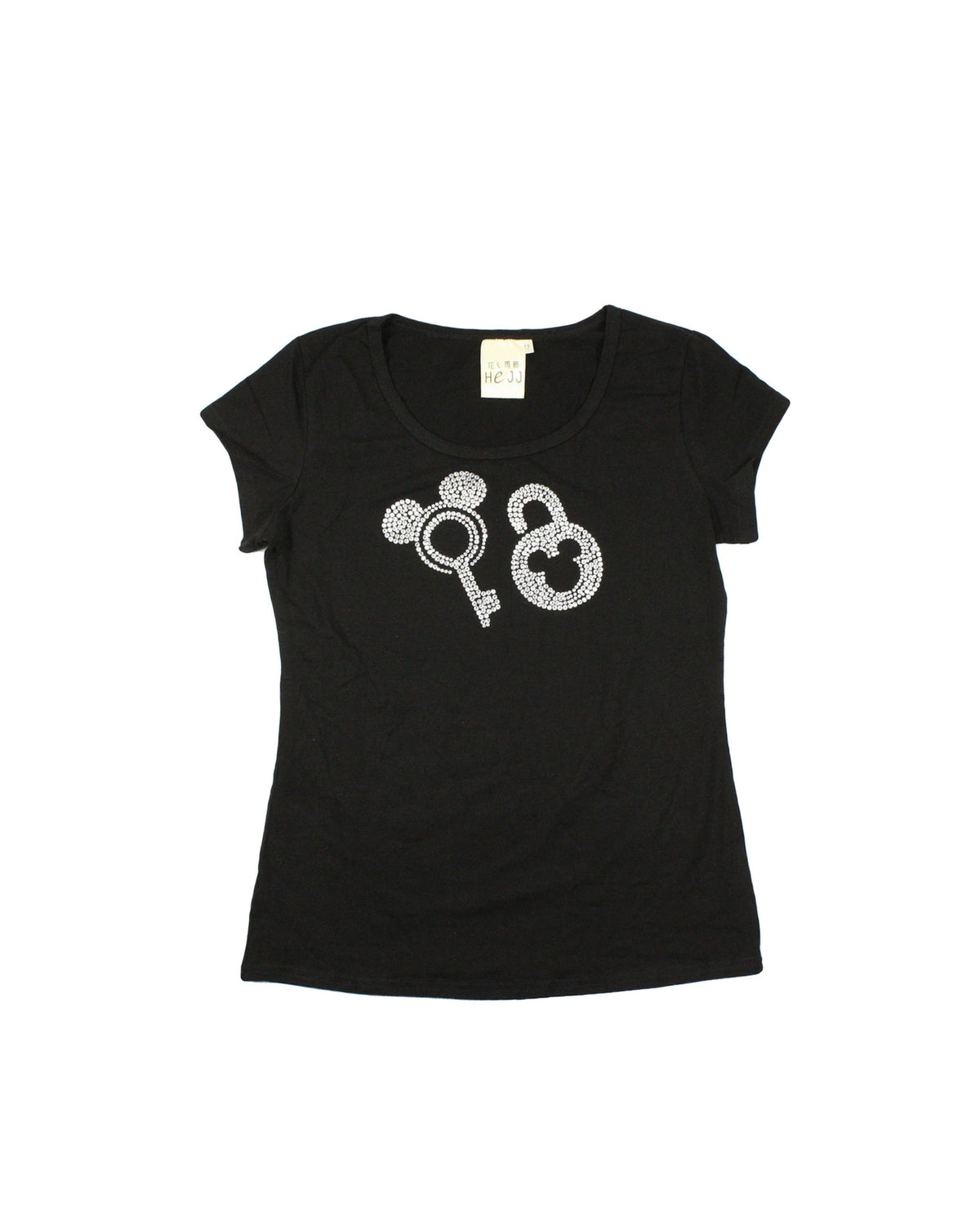 Hejj Women's Black/Silver Short Sleeve Top with Round Neck and Rhinestone Lock-and-Key Detail