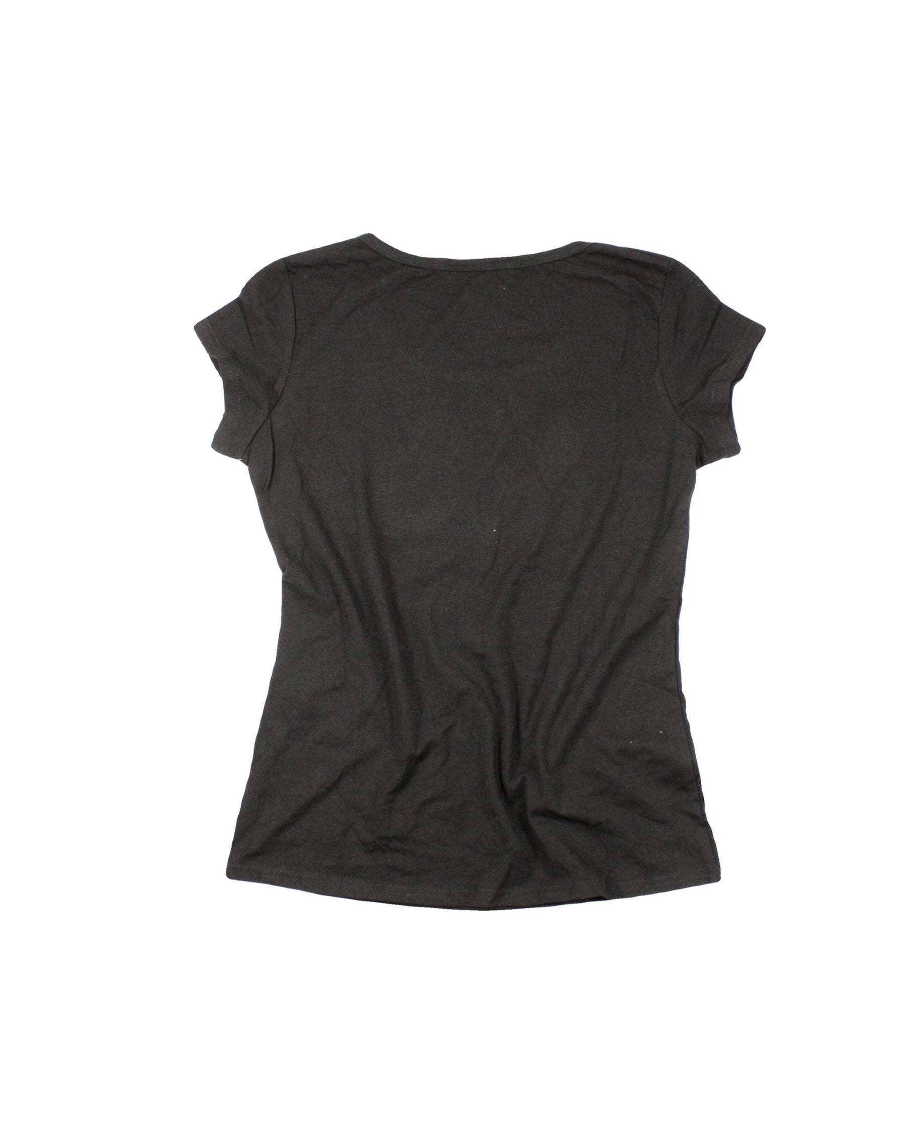 Hejj Women's Black/Silver Short Sleeve Top with Round Neck and Rhinestone Lock-and-Key Detail