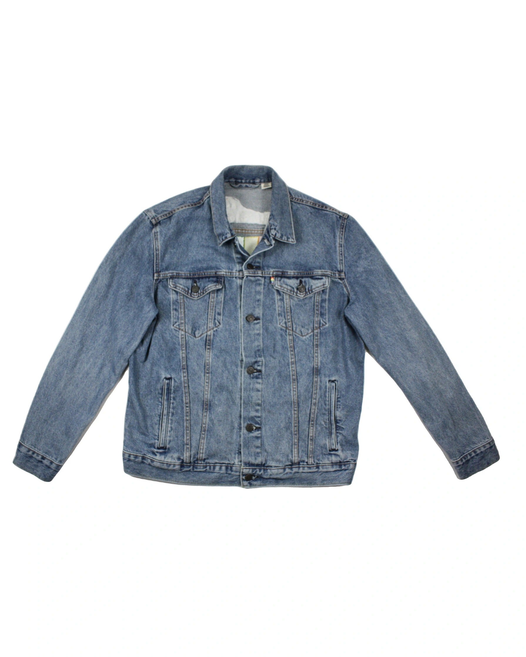 Levi's Women's Blue/Orange/Yellow/Purple Medium Wash Denim Jacket with Rainbow Back and Flap Pockets