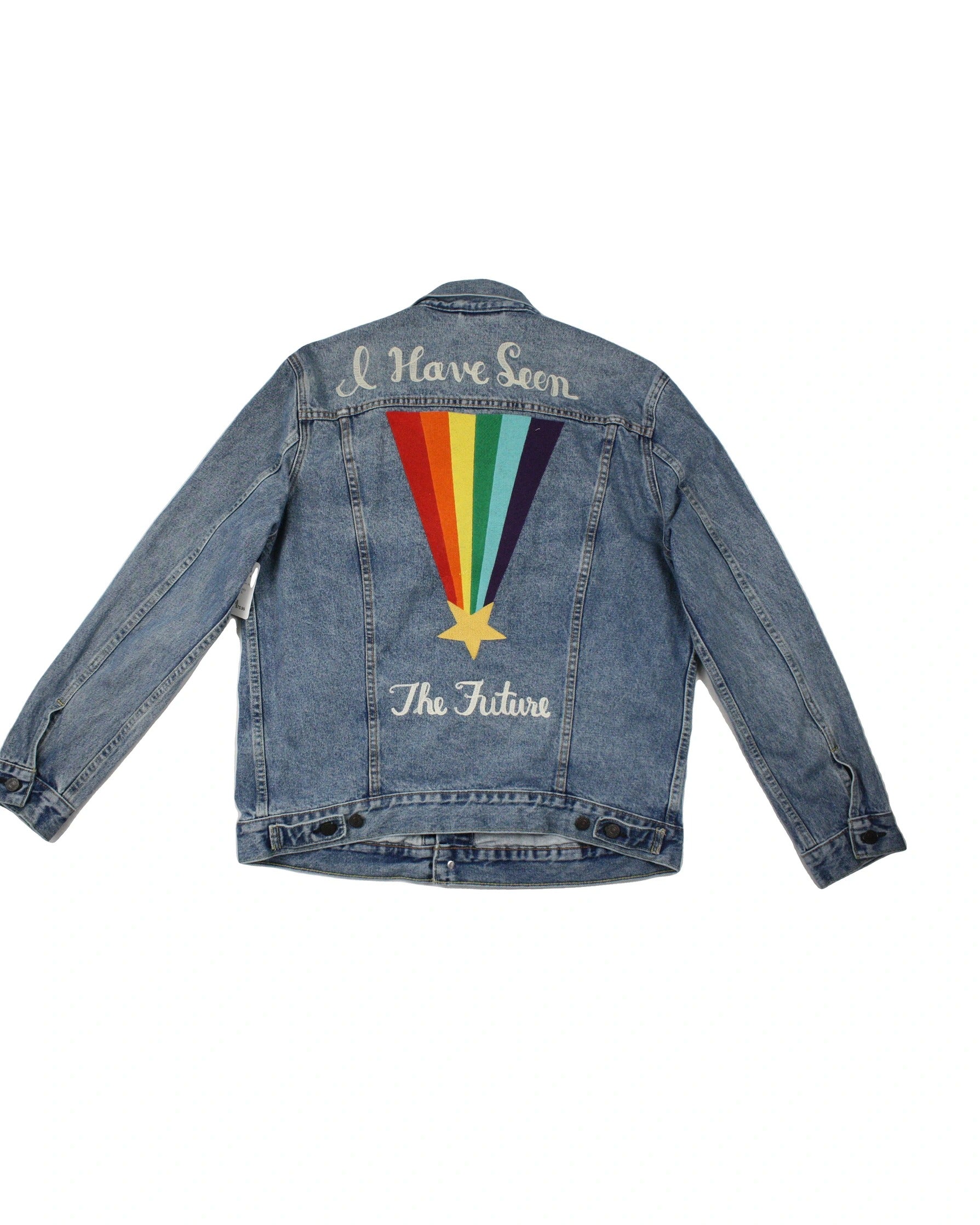 Levi's Women's Blue/Orange/Yellow/Purple Medium Wash Denim Jacket with Rainbow Back and Flap Pockets