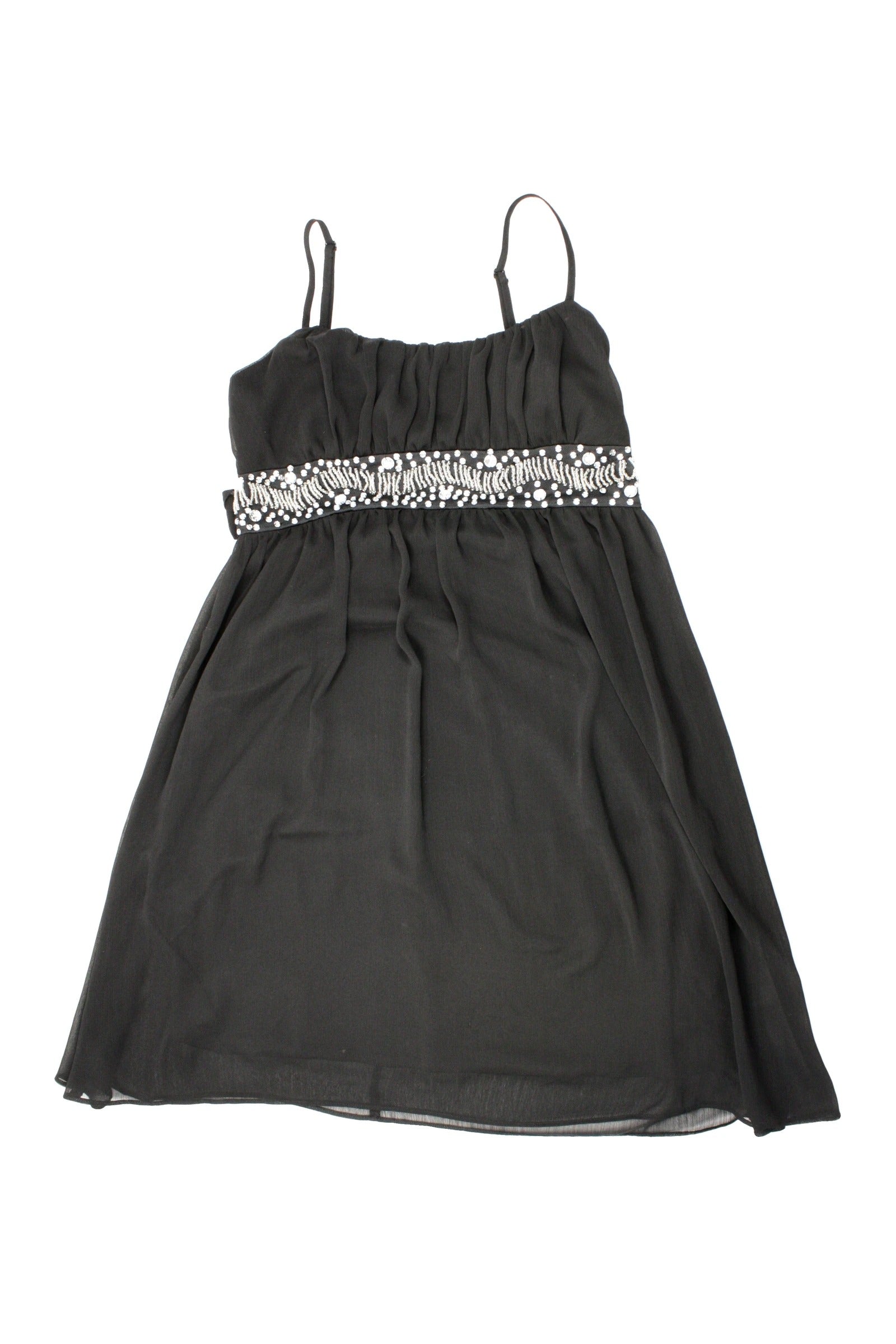 Point Zero Women's Black/Silver Spaghetti Strap Knee-Length Dress with Beaded Waist – Size 7