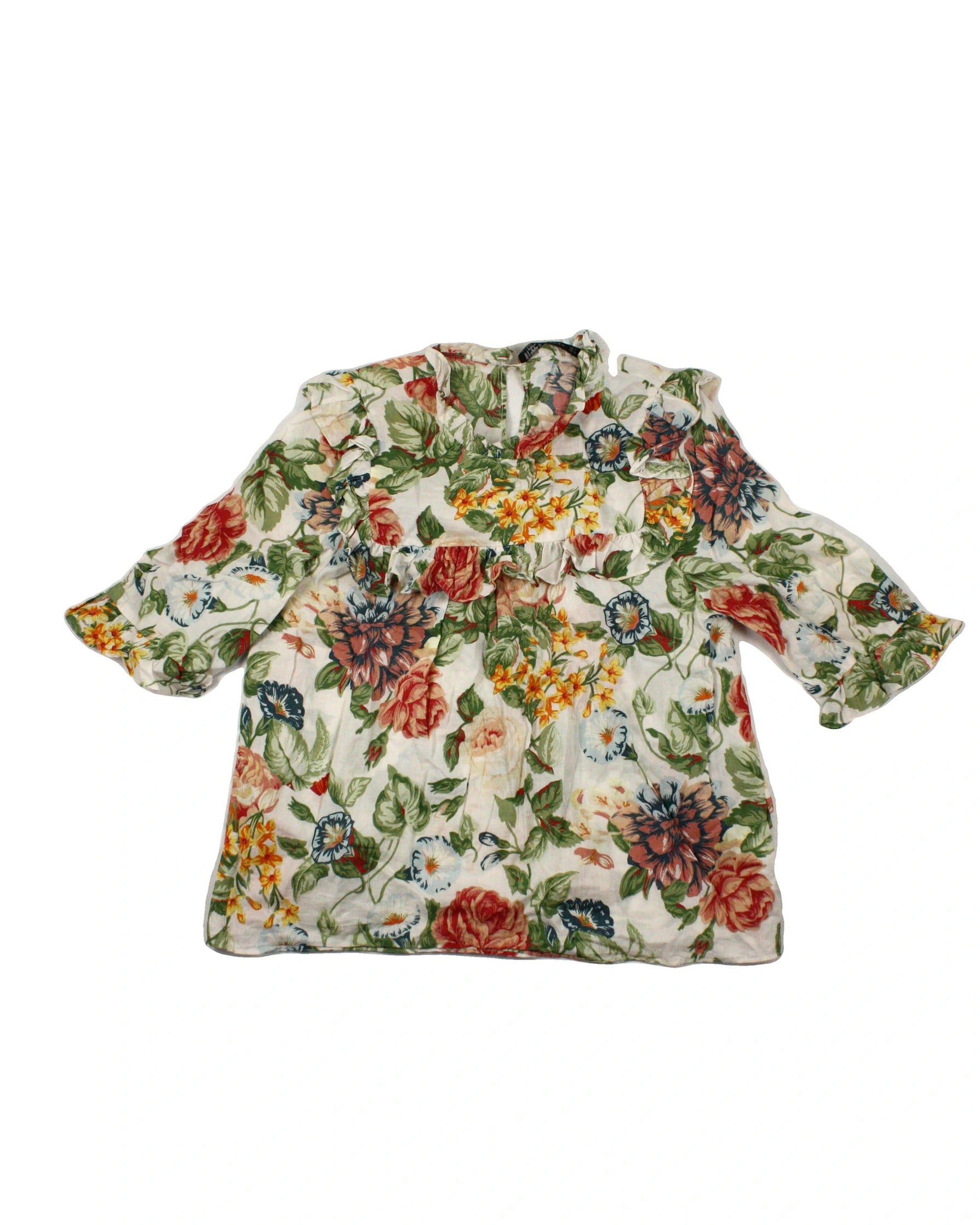 Zara Women's Beige/Green/Red/Blue Floral Short Sleeve High-Neck Top – Size M