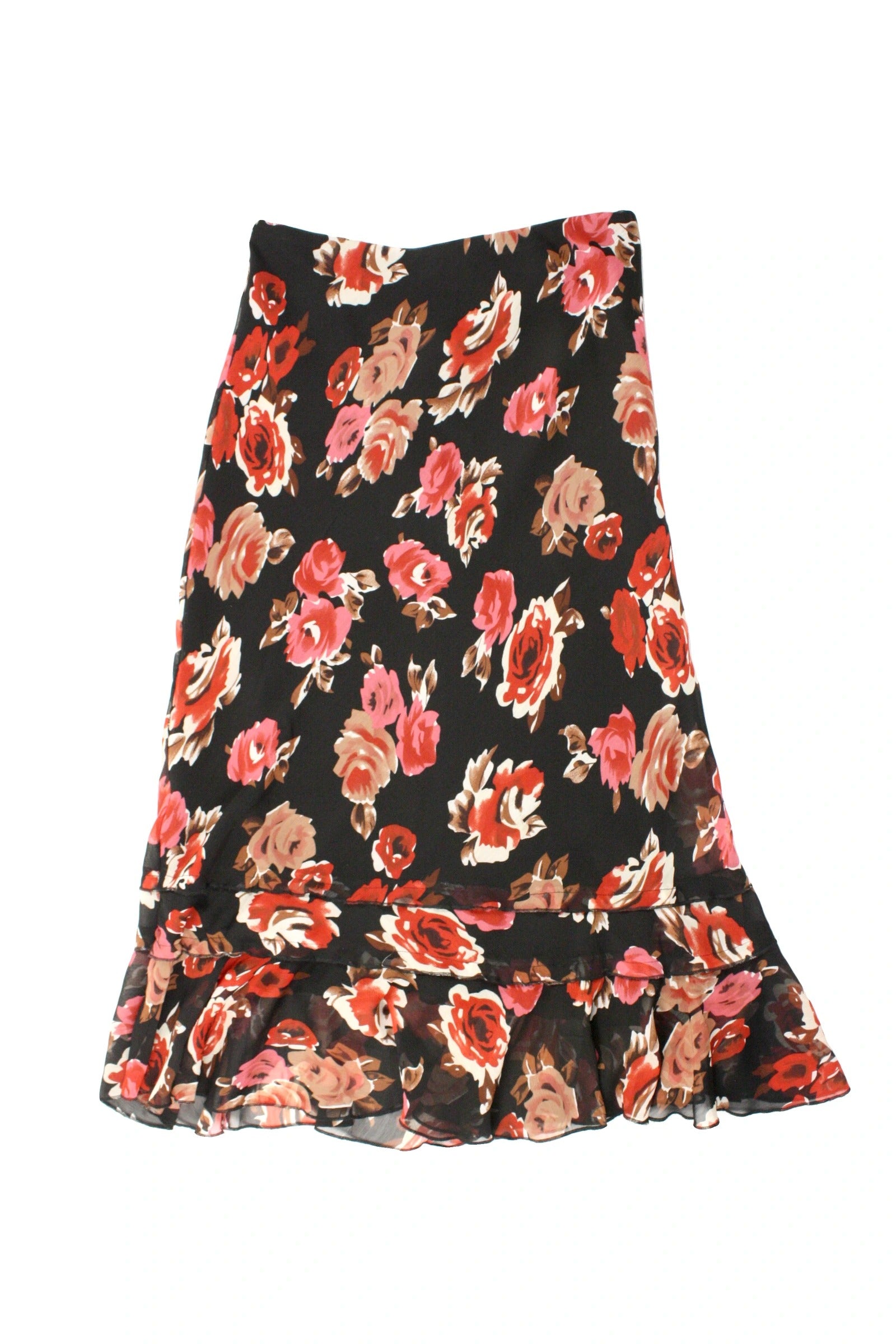 Midnight Velvet Women's Black/Pink/Red/Brown Floral Tiered Maxi Skirt – Size 29