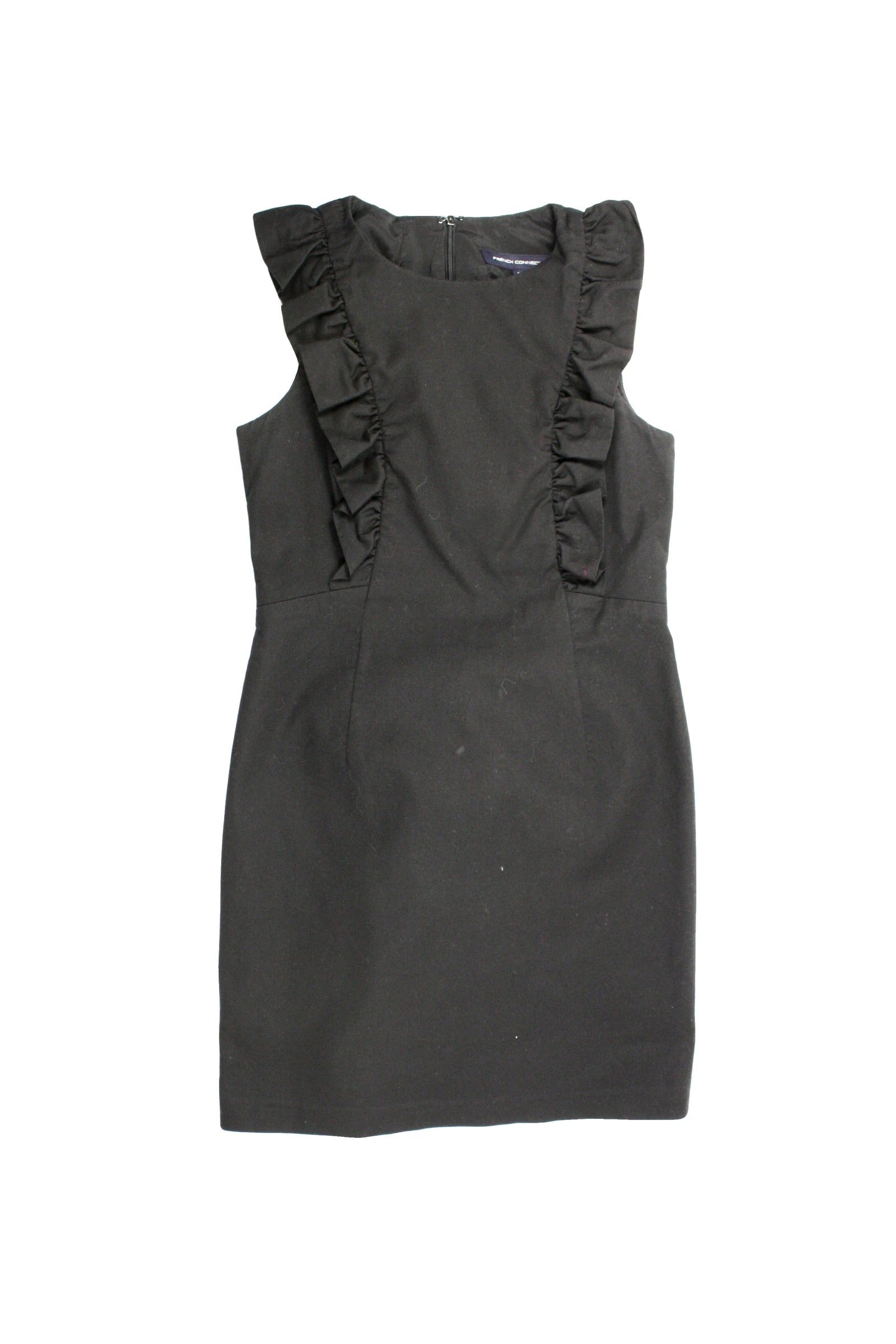 French Connection Women's Black Sleeveless Midi Dress with Ruffle Bodice – Size 10