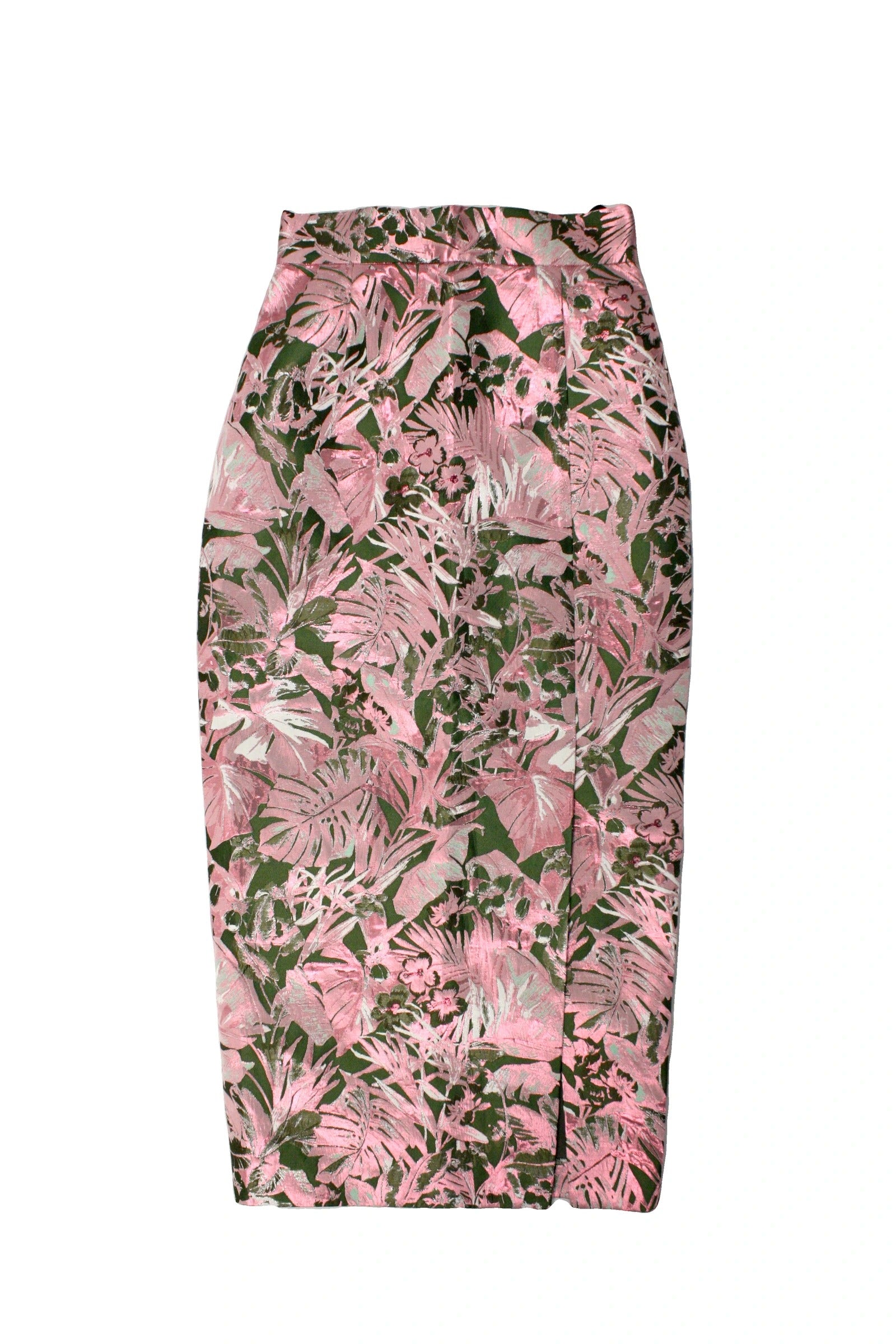 Double Standard Women's Green/Pink/White Metallic Floral Brocade Maxi Skirt – Size 26