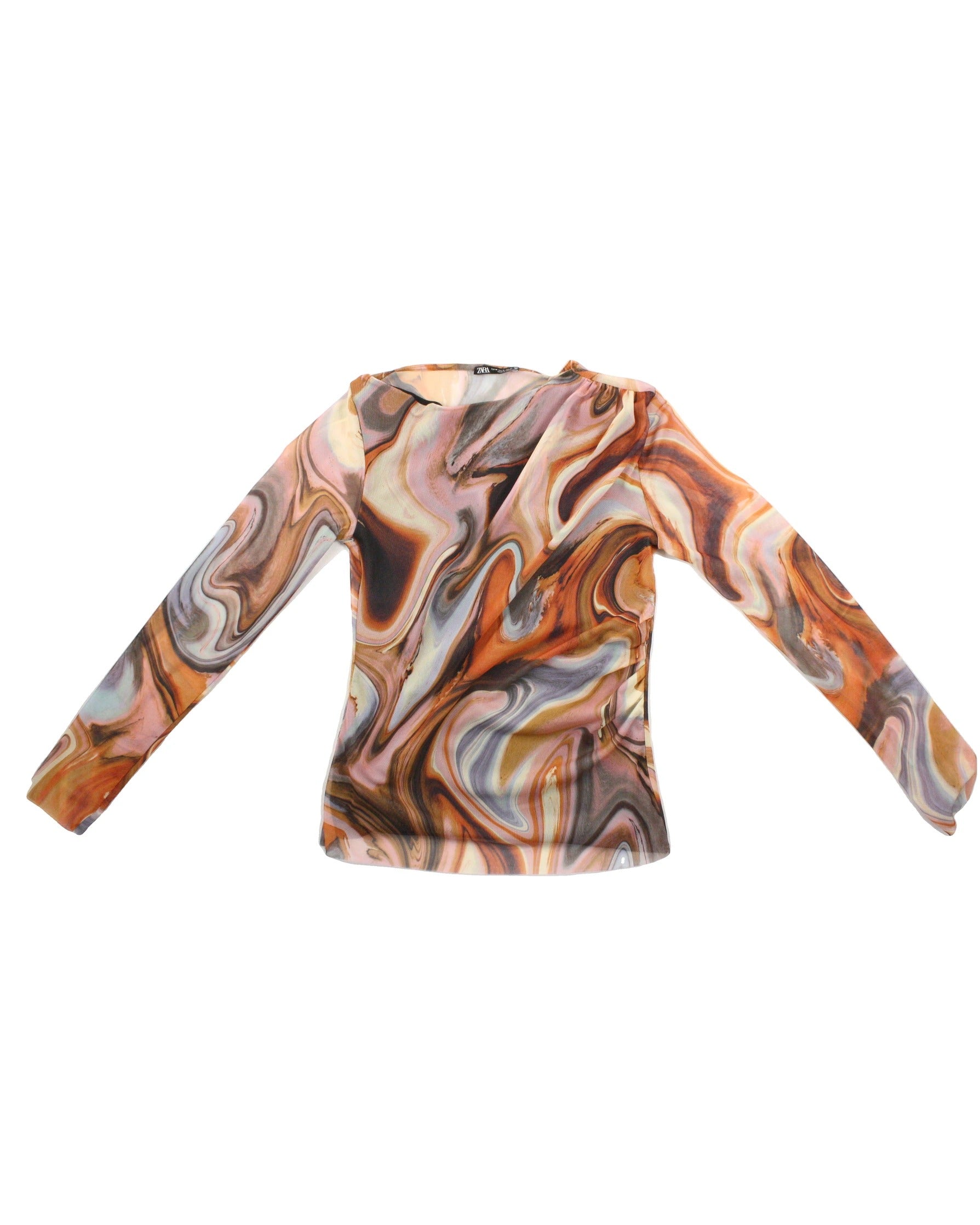 Zara Women's Pink/Orange/Blue/Yellow Swirl Print Mesh Long Sleeve Top – Size M