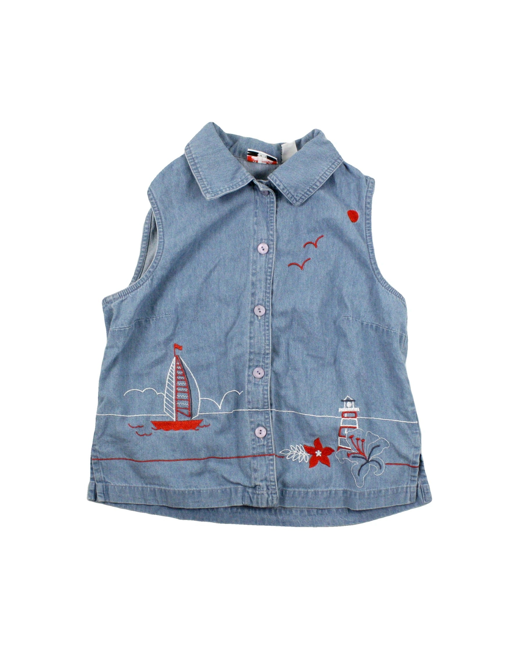 Alia Women's Blue/Red/White Embroidered Cotton Sleeveless Button Front Top – Size S
