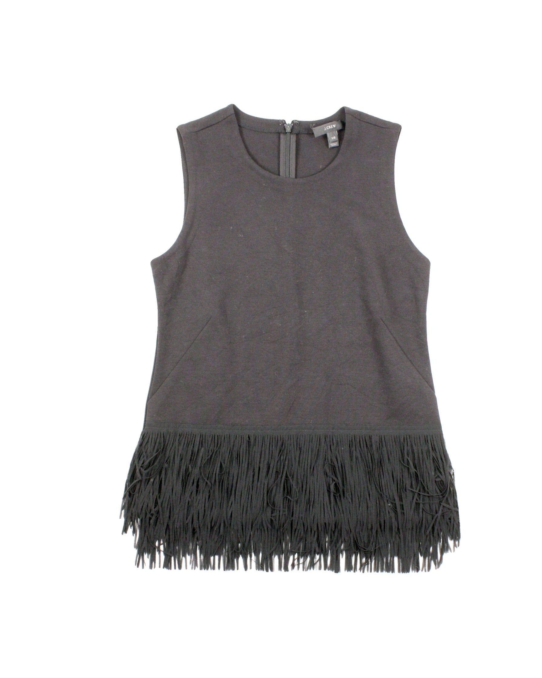 J.Crew Women's Black Sleeveless Top with Fringe Hem and Back Zip – Size XXS