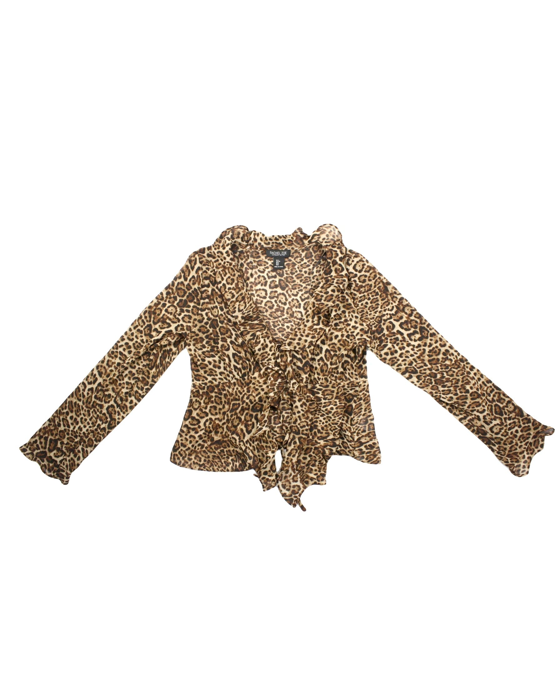 Rachel Zoe Women's Beige/Brown/Black Leopard Print Ruffle Long Sleeve Top – Size S