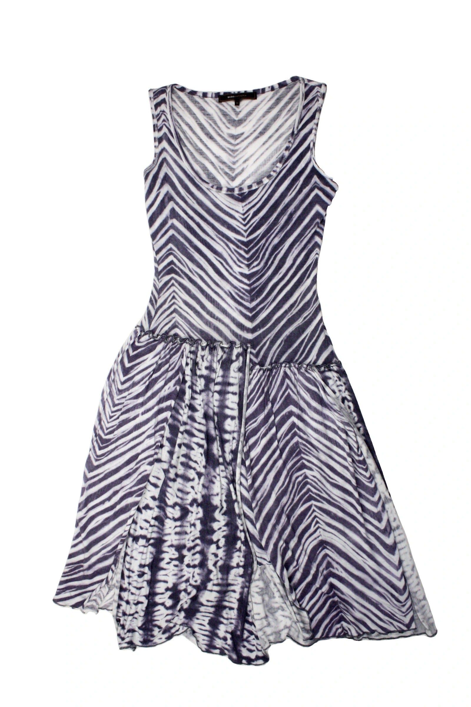 BCBG Max Azria Women's White/Navy Abstract Print Asymmetrical Sleeveless Midi Dress – Size XS