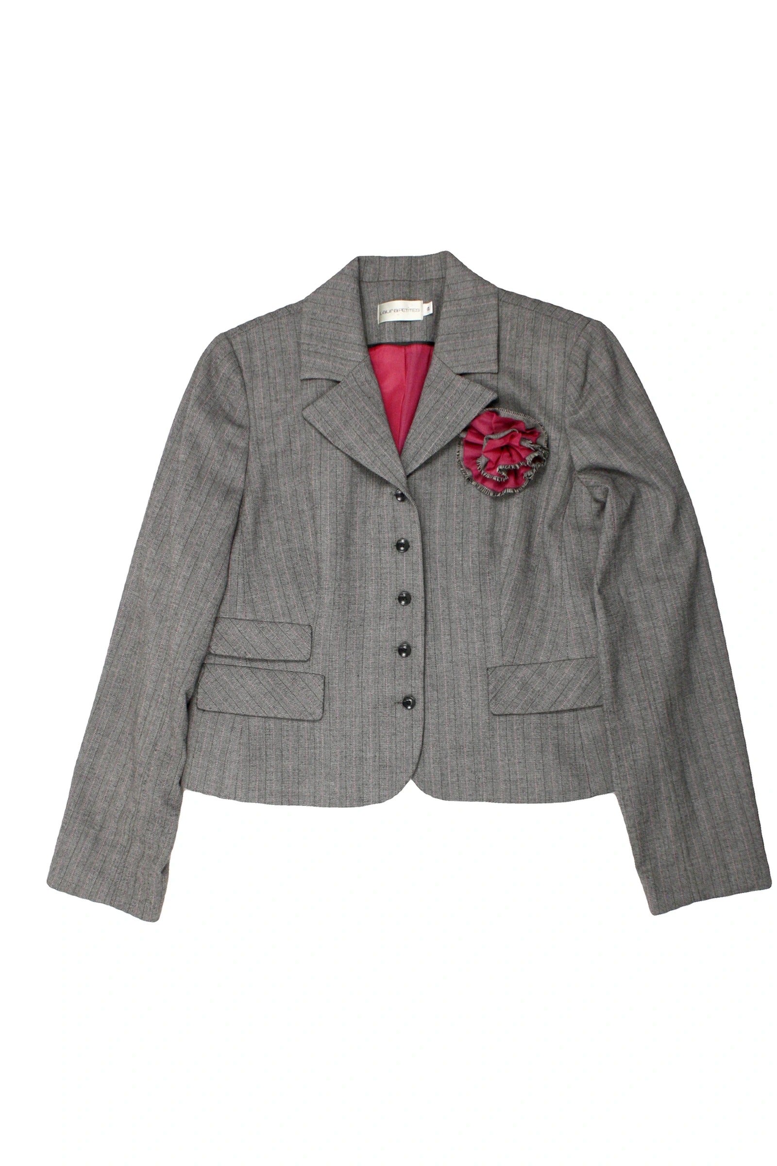 Laura Petites Women's Black/Grey/Light Pink Wool Blend Long Sleeve Blazer with Rosette Pin – Size 4