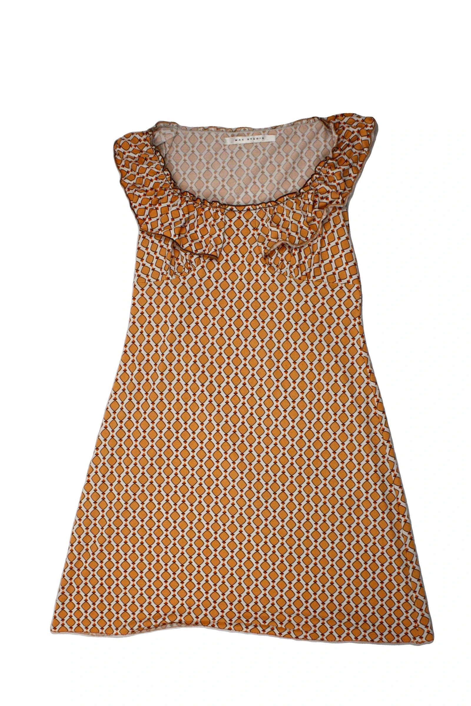 Max Studio Women's White/Orange/Dark Brown Triangle Print Sleeveless Midi Dress with Ruffle Neckline
