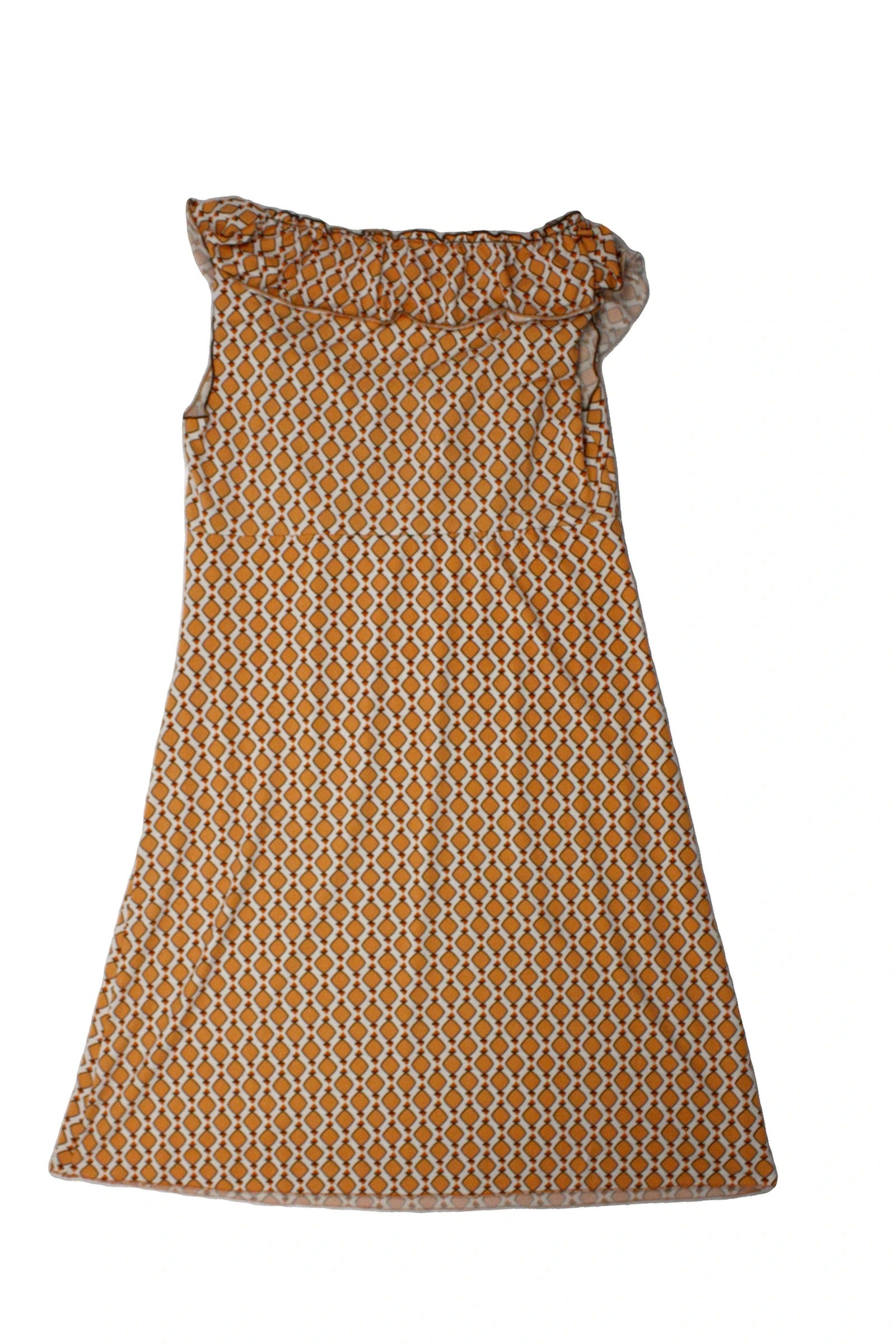 Max Studio Women's White/Orange/Dark Brown Triangle Print Sleeveless Midi Dress with Ruffle Neckline