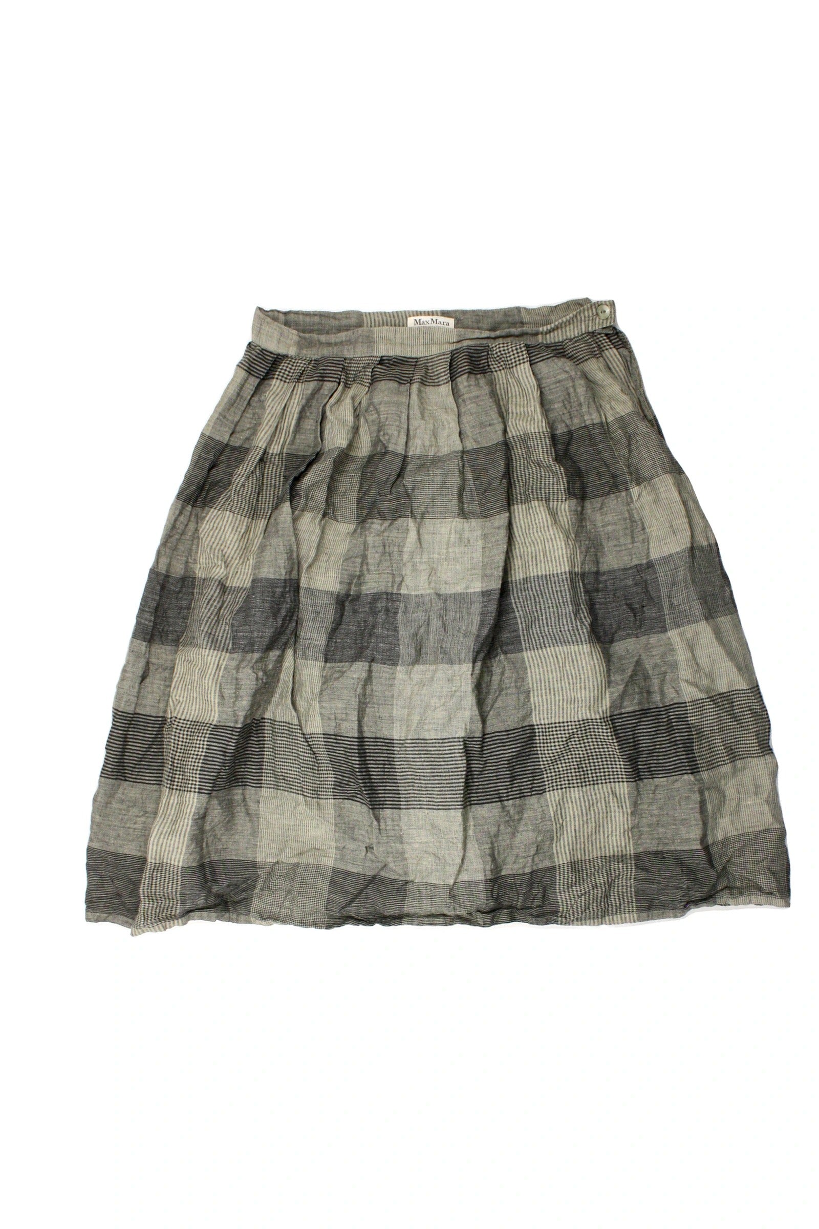 Max Mara Women's Dark Grey/Black Checked Linen Pleated Midi Skirt – Size 28
