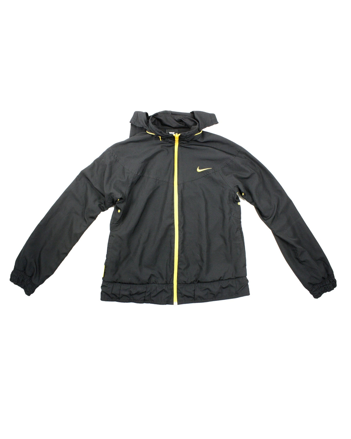 Nike Women's Black/Yellow Long Sleeve Jacket with Embroidered Logo and Hidden Hood – Size S