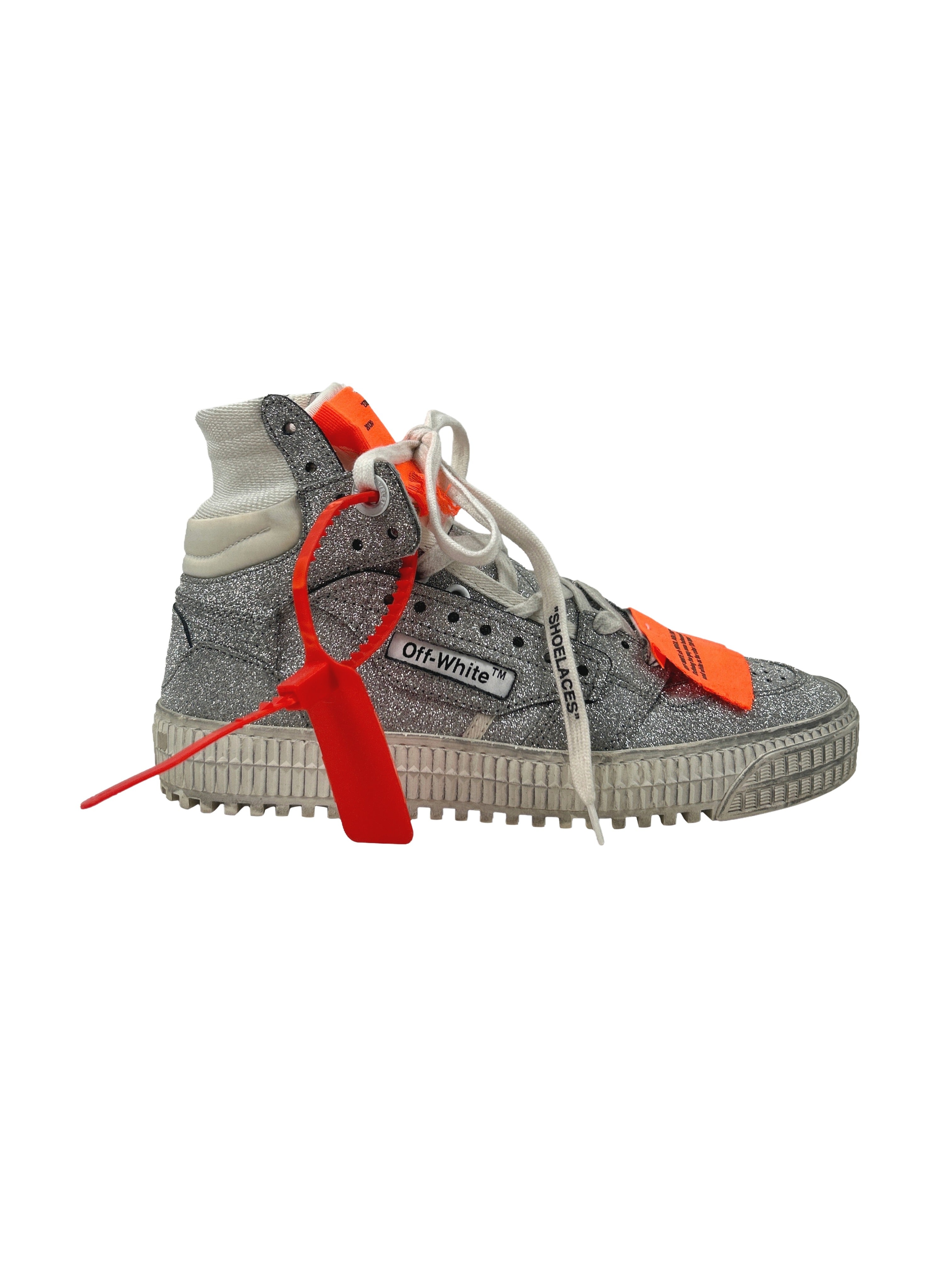 Off-White Size 36 Off-Court Silver Glitter High-Top Sneakers