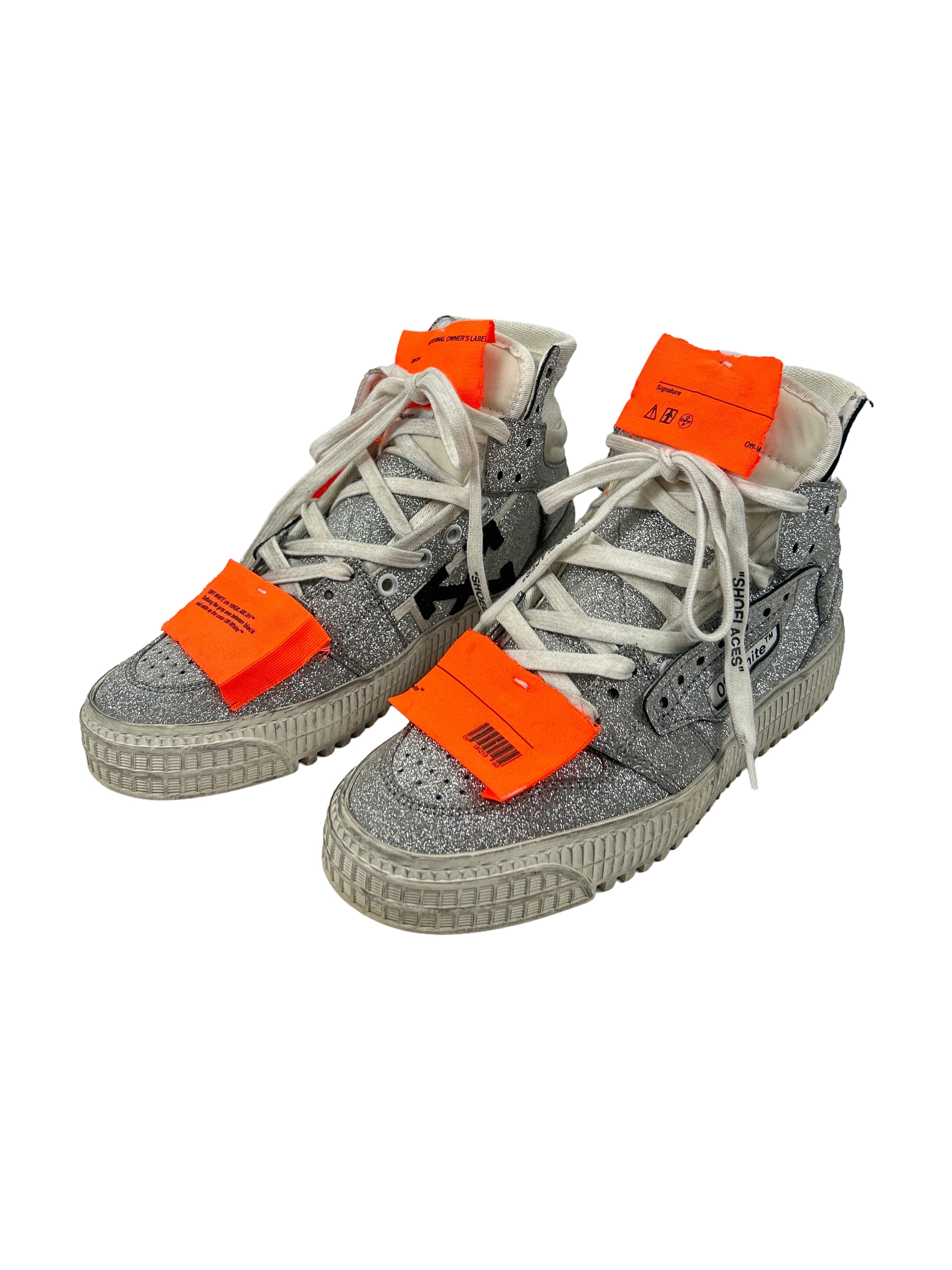 Off-White Size 36 Off-Court Silver Glitter High-Top Sneakers