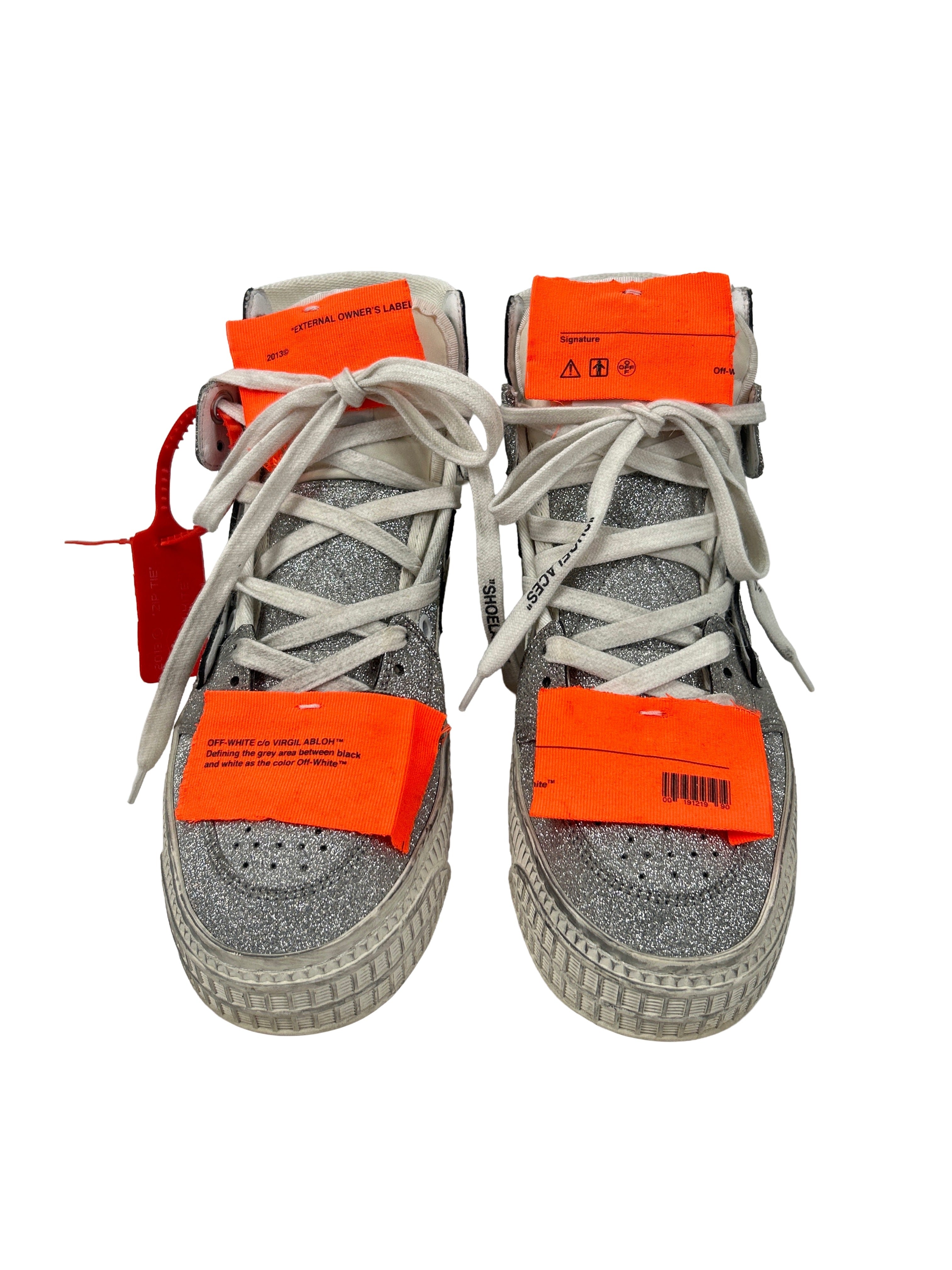 Off-White Size 36 Off-Court Silver Glitter High-Top Sneakers