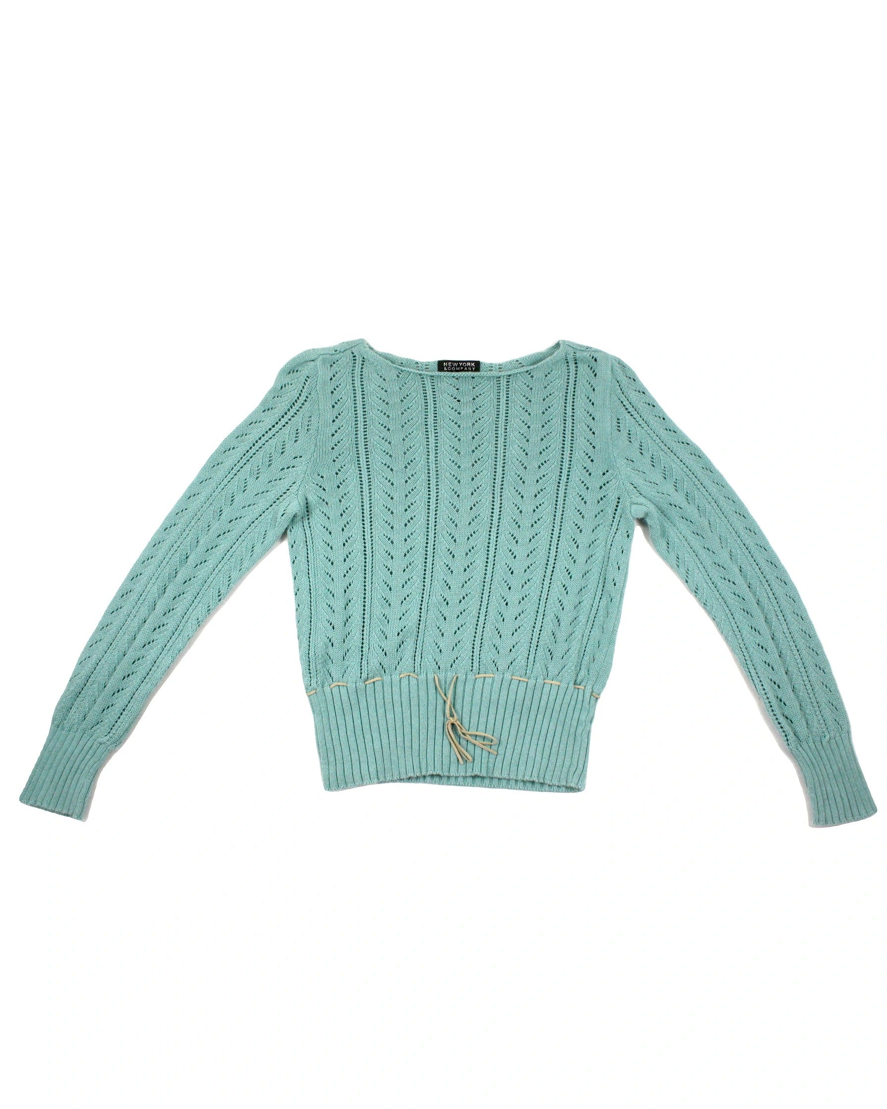 New York & Company Women's Turquoise Long Sleeve Pointelle Knit Sweater with Waist Tie and Round Neck – Size M