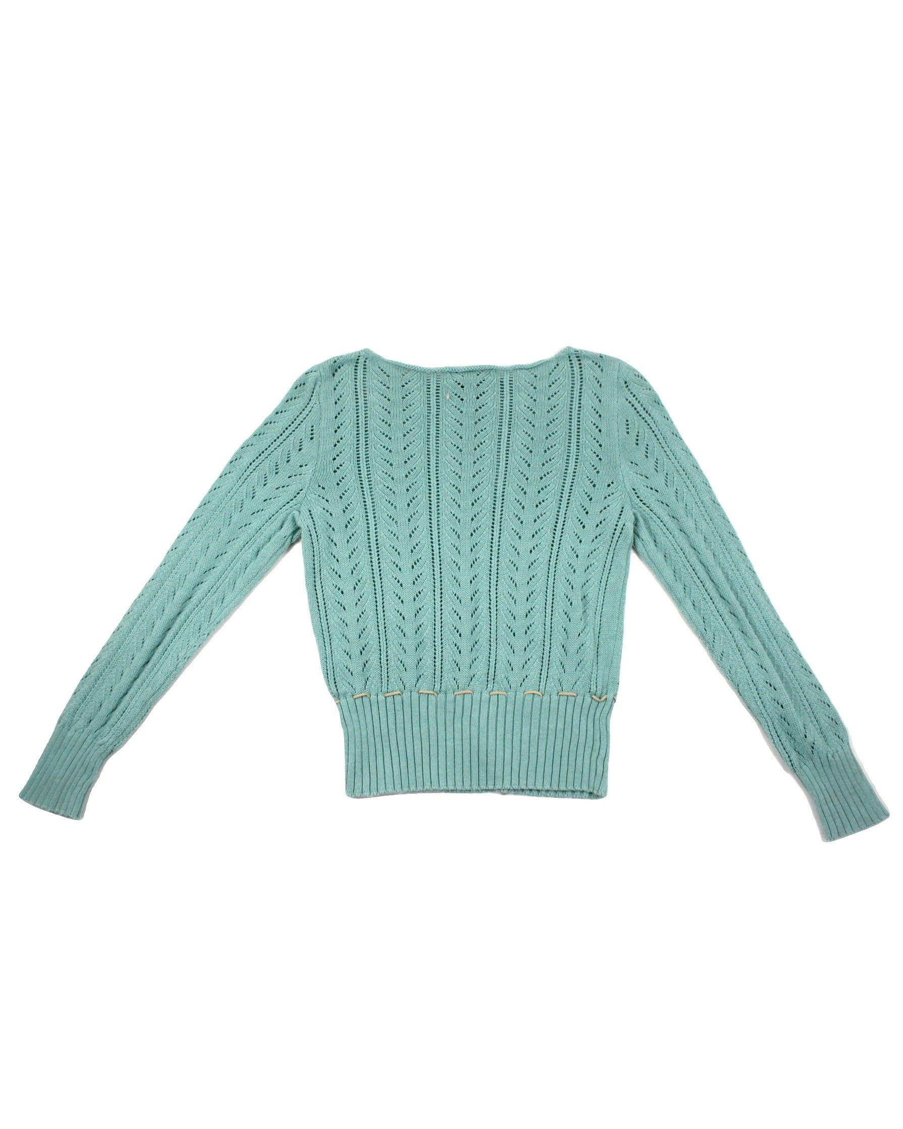New York & Company Women's Turquoise Long Sleeve Pointelle Knit Sweater with Waist Tie and Round Neck – Size M