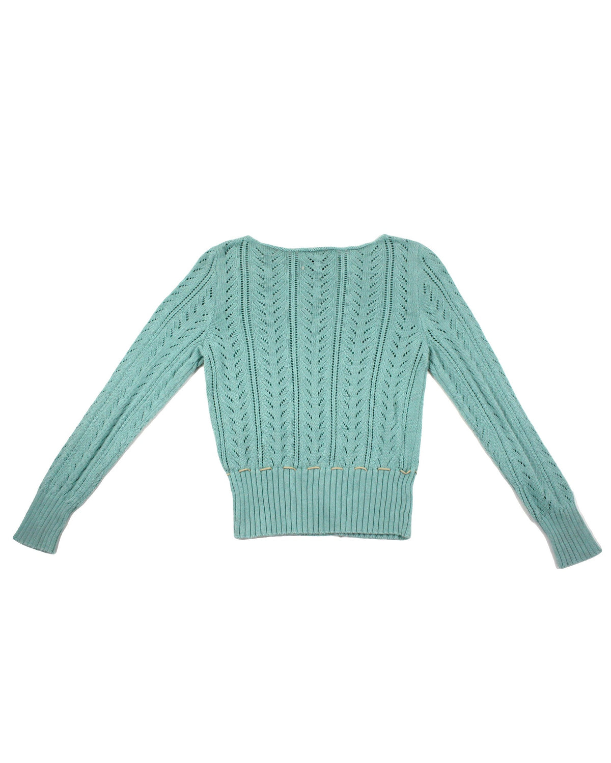 New York & Company Women's Turquoise Long Sleeve Pointelle Knit Sweater with Waist Tie and Round Neck – Size M