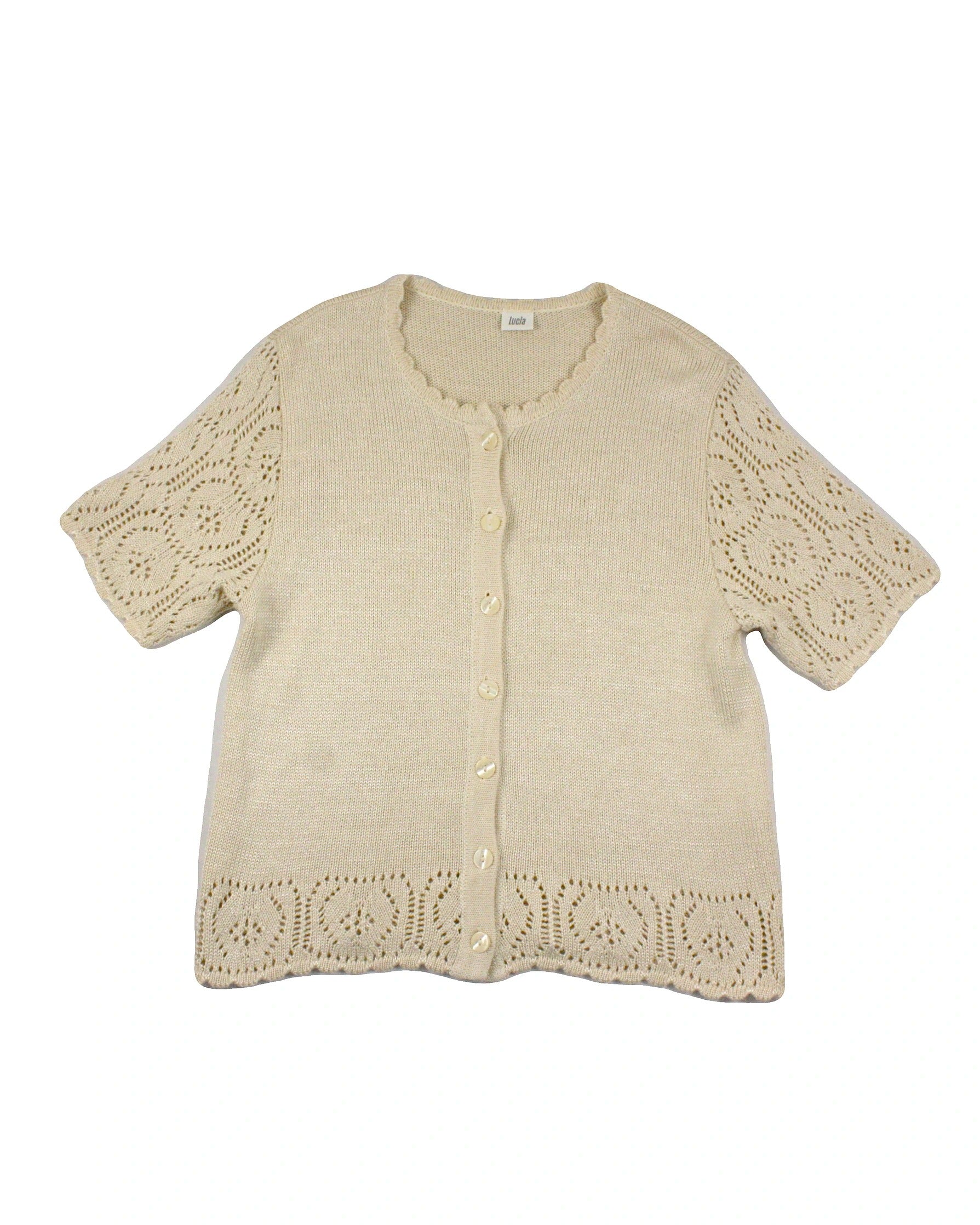 Lucia Women's Yellow Medium Knit Short Sleeve Cardigan with Pointelle Trim and Shiny Buttons