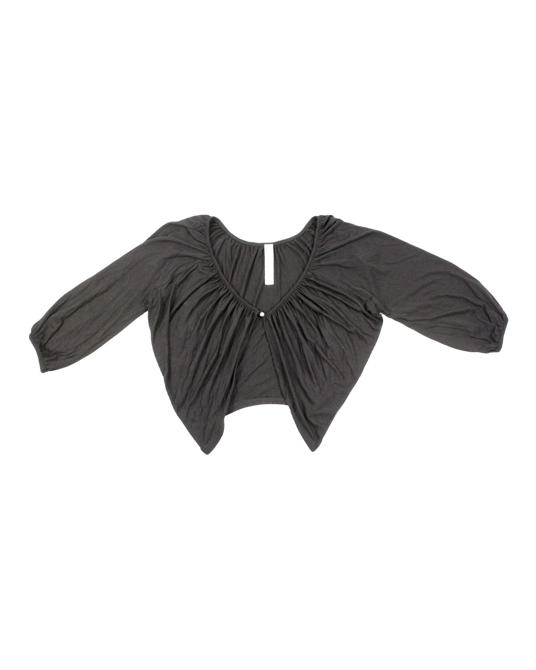 S-Twelve Women's Black Cropped Light Knit Three-Quarter Sleeve Shrug Cardigan with Gathered Neck
