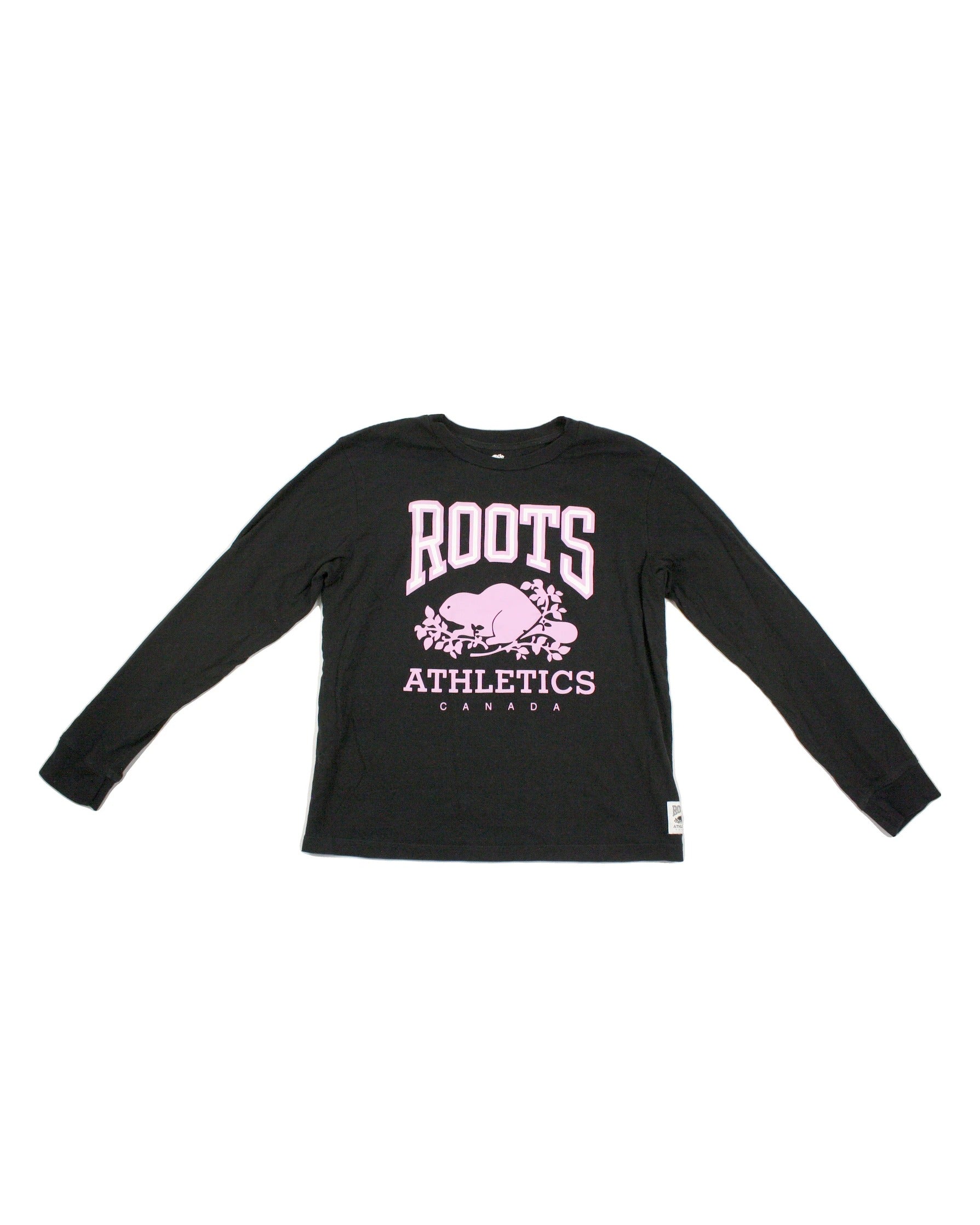 Roots Women's Black/Mauve/White Long Sleeve Top with Beaver Logo Graphic and Ribbed Trim – Size S