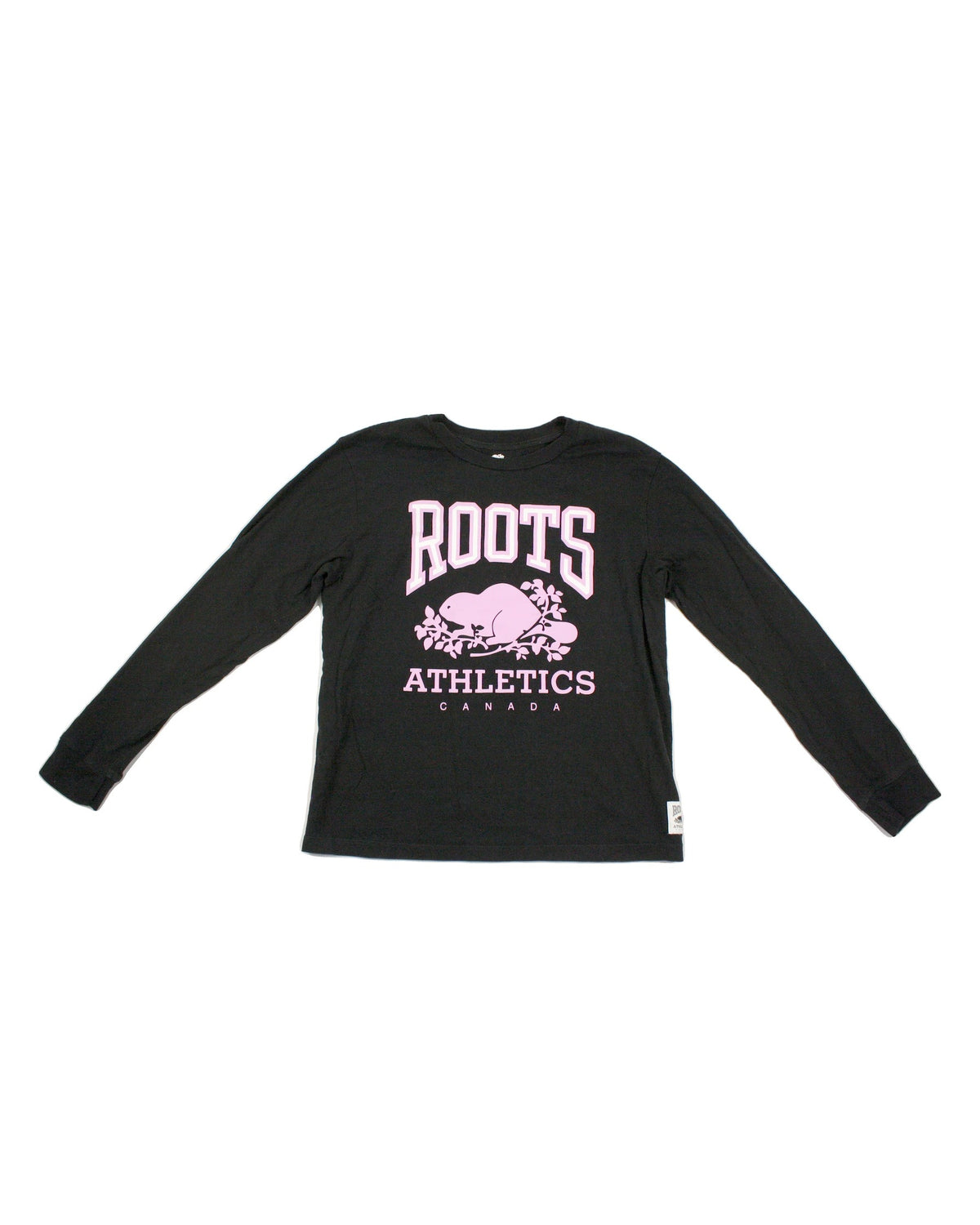 Roots Women's Black/Mauve/White Long Sleeve Top with Beaver Logo Graphic and Ribbed Trim – Size S