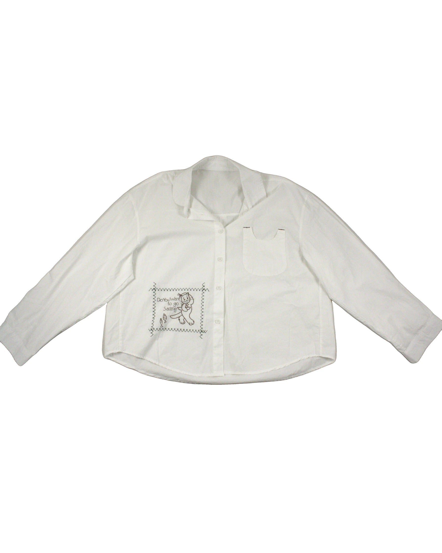 Women's White Long Sleeve Shirt with Embroidered Cat and Round Collar