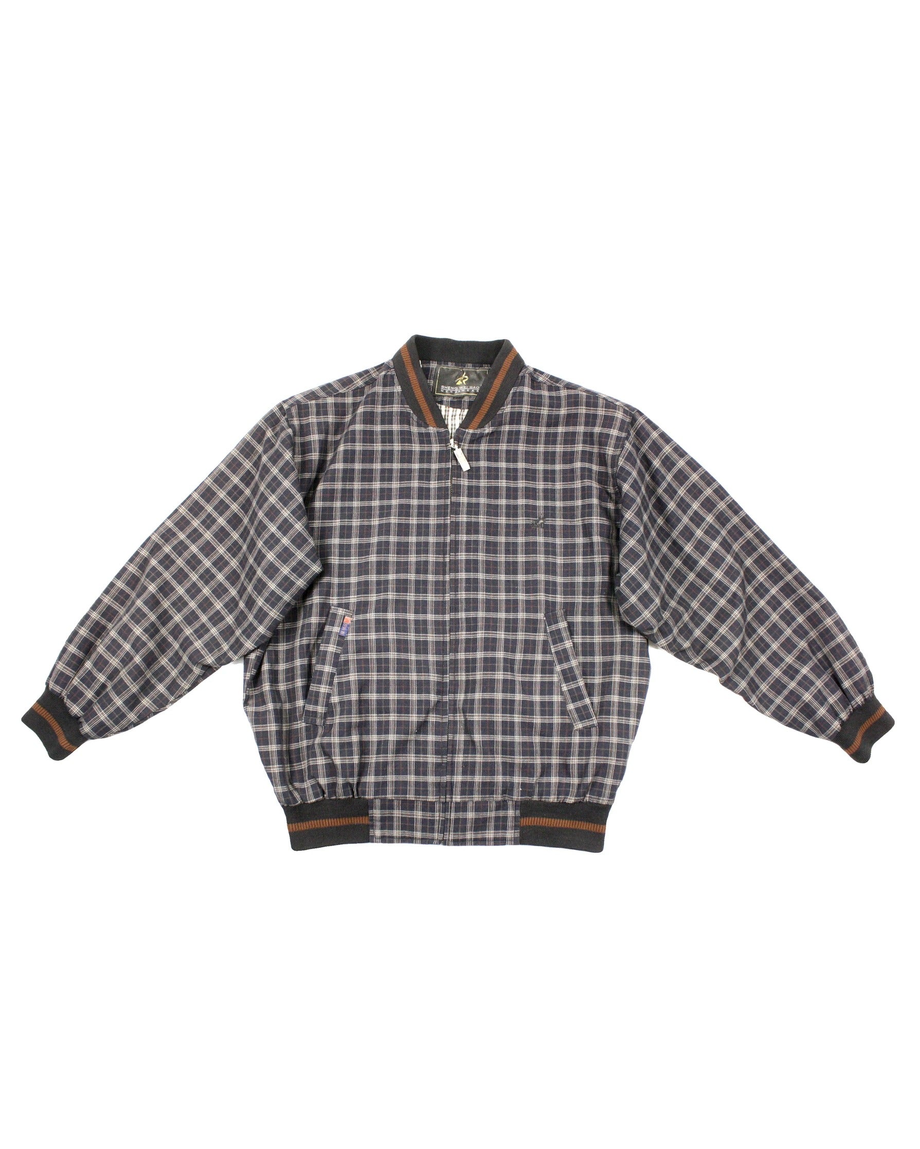 ShengWeiBao Men's Navy/Cream/Dark Brown Plaid Long Sleeve Jacket with Ribbed Trim – Size M