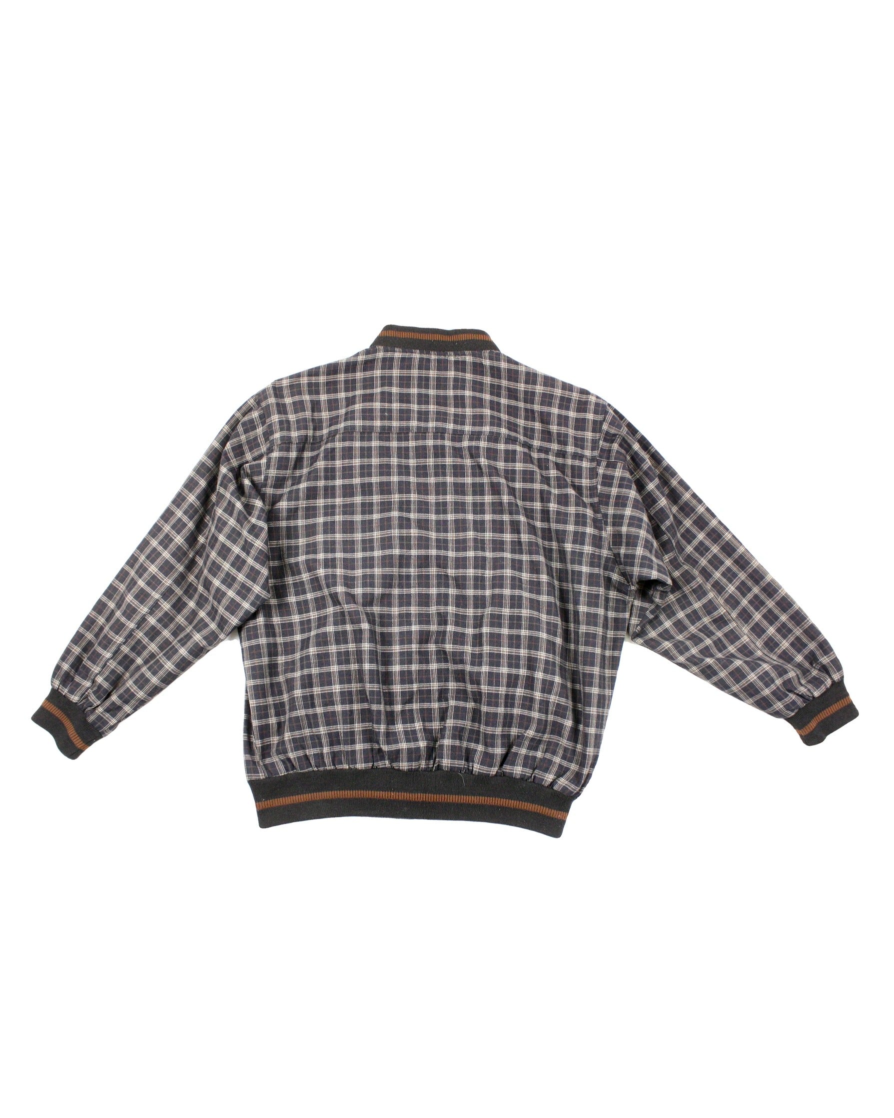 ShengWeiBao Men's Navy/Cream/Dark Brown Plaid Long Sleeve Jacket with Ribbed Trim – Size M