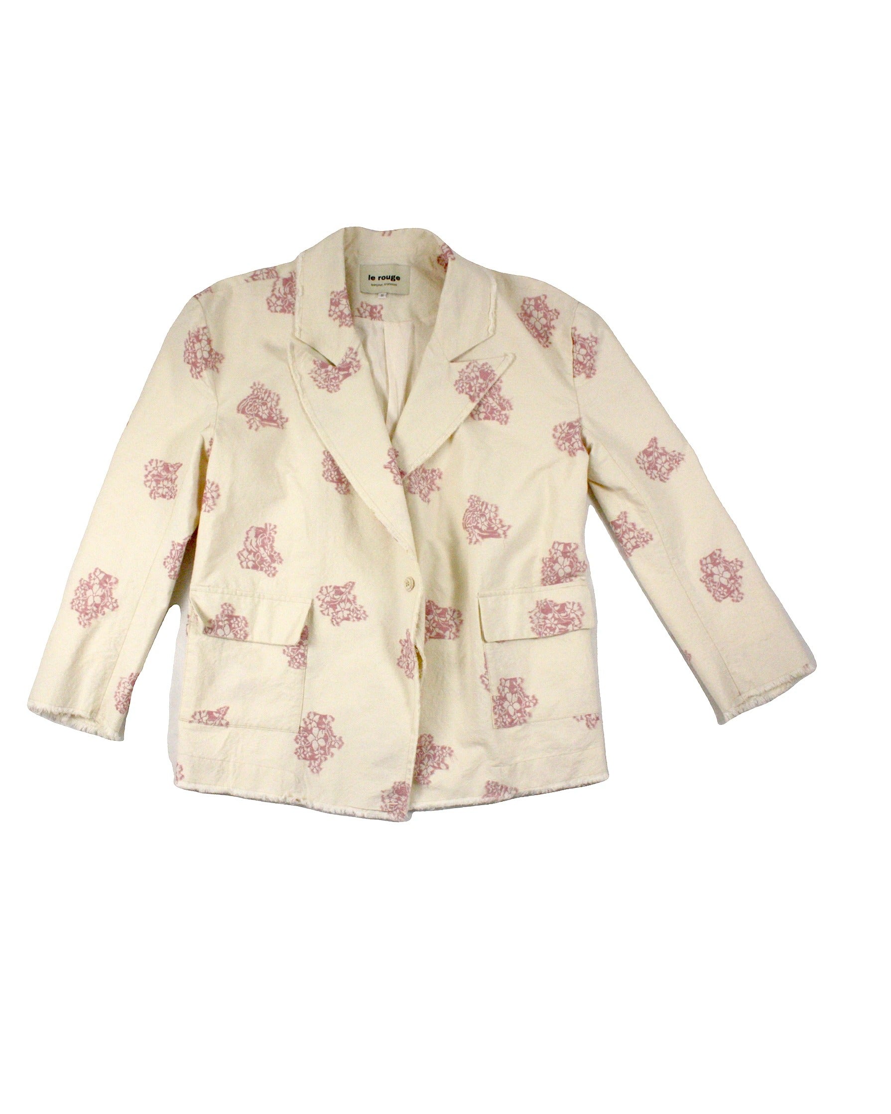 LeRouge Women's Cream/Magenta Long Sleeve Blazer with Floral Patches and Raw Trim – Size S