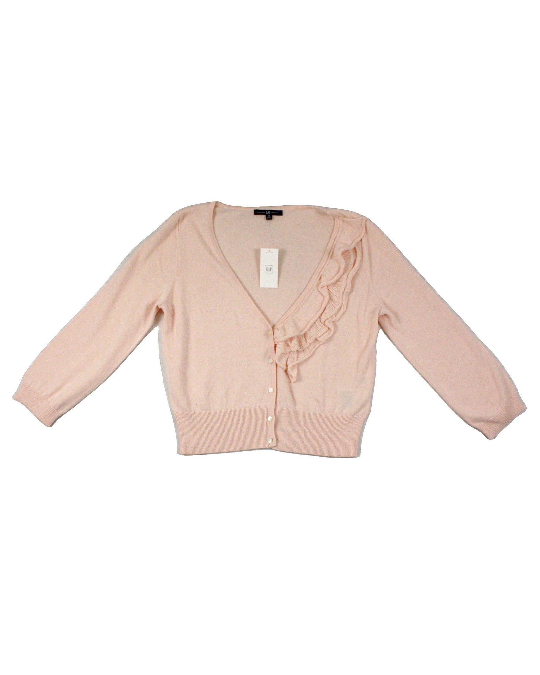 Gap Women's Pink Long Sleeve Cardigan with V-Neck and Frill Trim – Size M